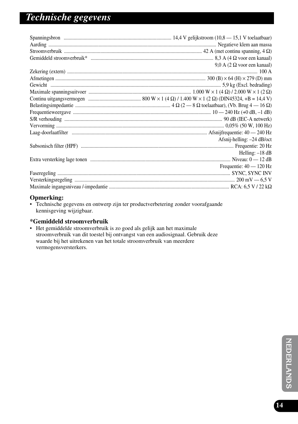 Technische gegevens | Pioneer PRS-D3000SPL User Manual | Page 85 / 86