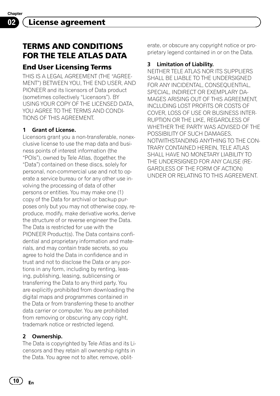 Terms and conditions for the tele, Atlas data, End user licensing terms 10 | Terms and conditions for the tele atlas data, 02 license agreement | Pioneer CNSD-110FM User Manual | Page 10 / 32