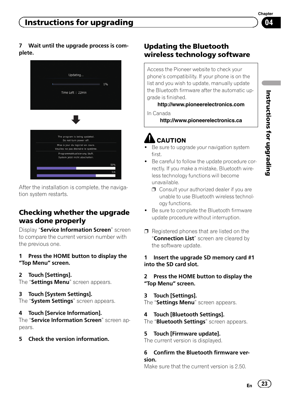 Checking whether the upgrade was, Done properly, Updating the bluetooth wireless | Technology software, Instructions for upgrading, Checking whether the upgrade was done properly | Pioneer CNSD-110FM User Manual | Page 23 / 32
