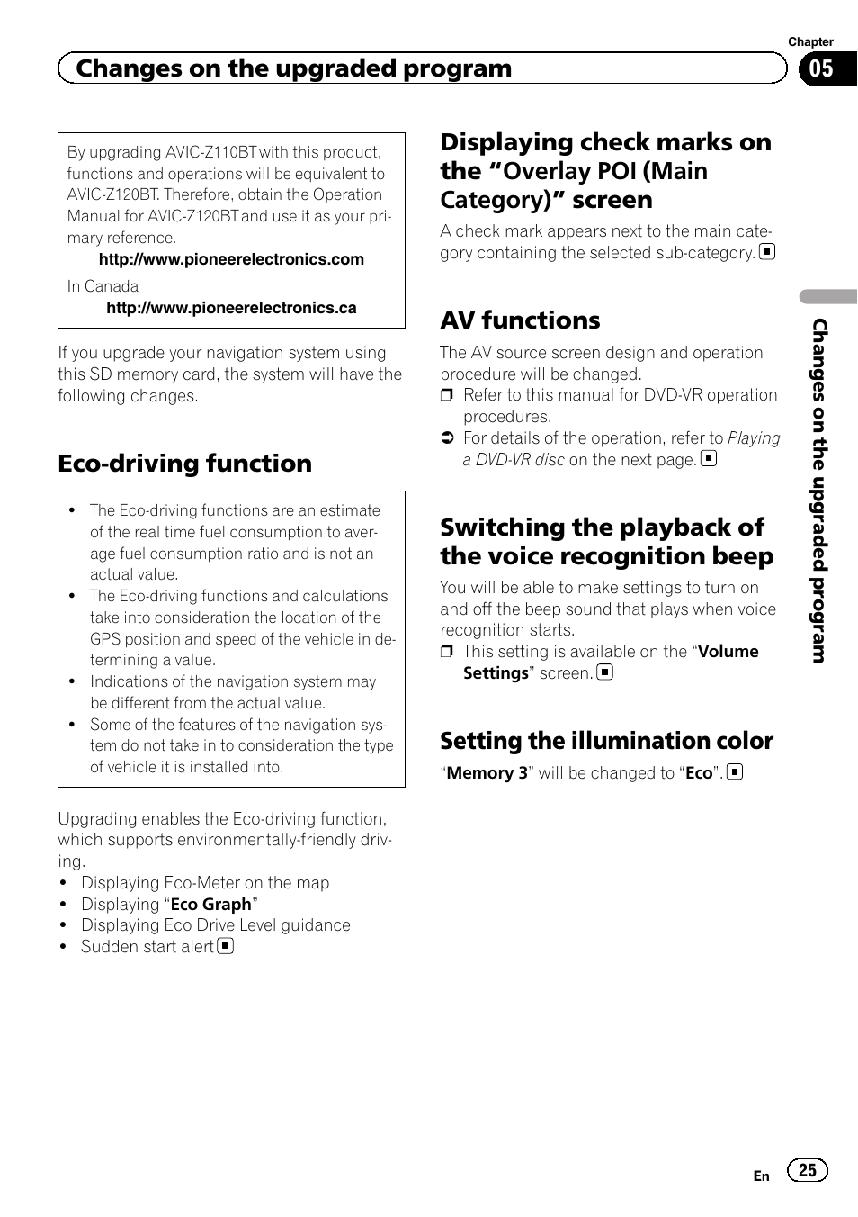 Displaying check marks on the, Overlay poi, Main category) | Screen 25, Av functions, Switching the playback of the voice, Recognition beep, Setting the illumination color, Eco-driving function, Changes on the upgraded program | Pioneer CNSD-110FM User Manual | Page 25 / 32
