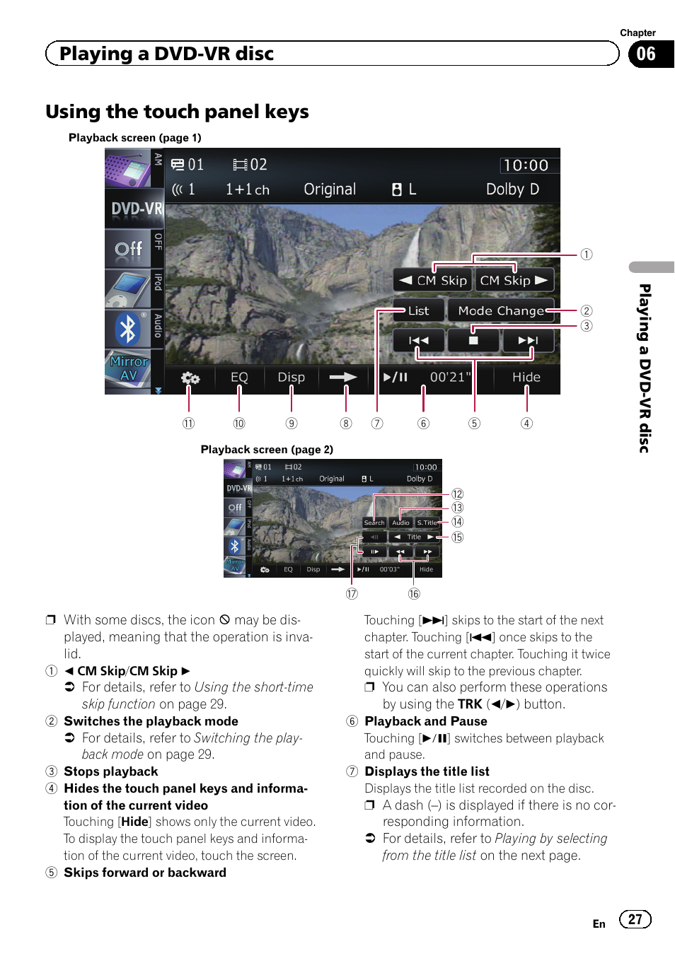 Using the touch panel keys, Using the touch panel, Playing a dvd-vr disc | Pioneer CNSD-110FM User Manual | Page 27 / 32