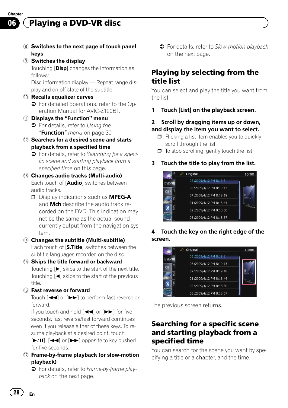 Playing by selecting from the title, List, Searching for a specific scene and | Starting playback from a specified time, Playing by selecting, 06 playing a dvd-vr disc, Playing by selecting from the title list | Pioneer CNSD-110FM User Manual | Page 28 / 32