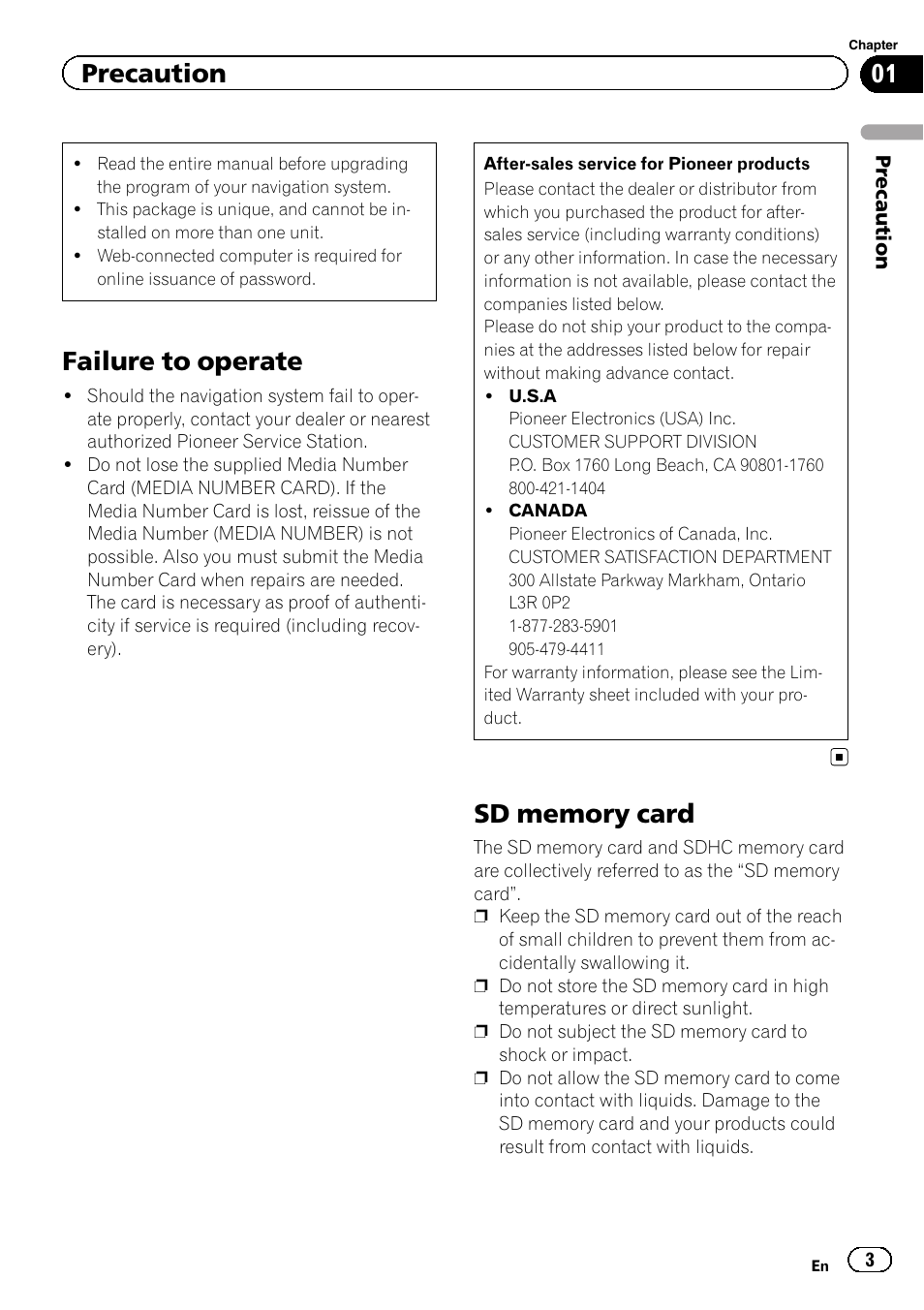 Precaution failure to operate, Sd memory card, Failure to operate | Precaution | Pioneer CNSD-110FM User Manual | Page 3 / 32