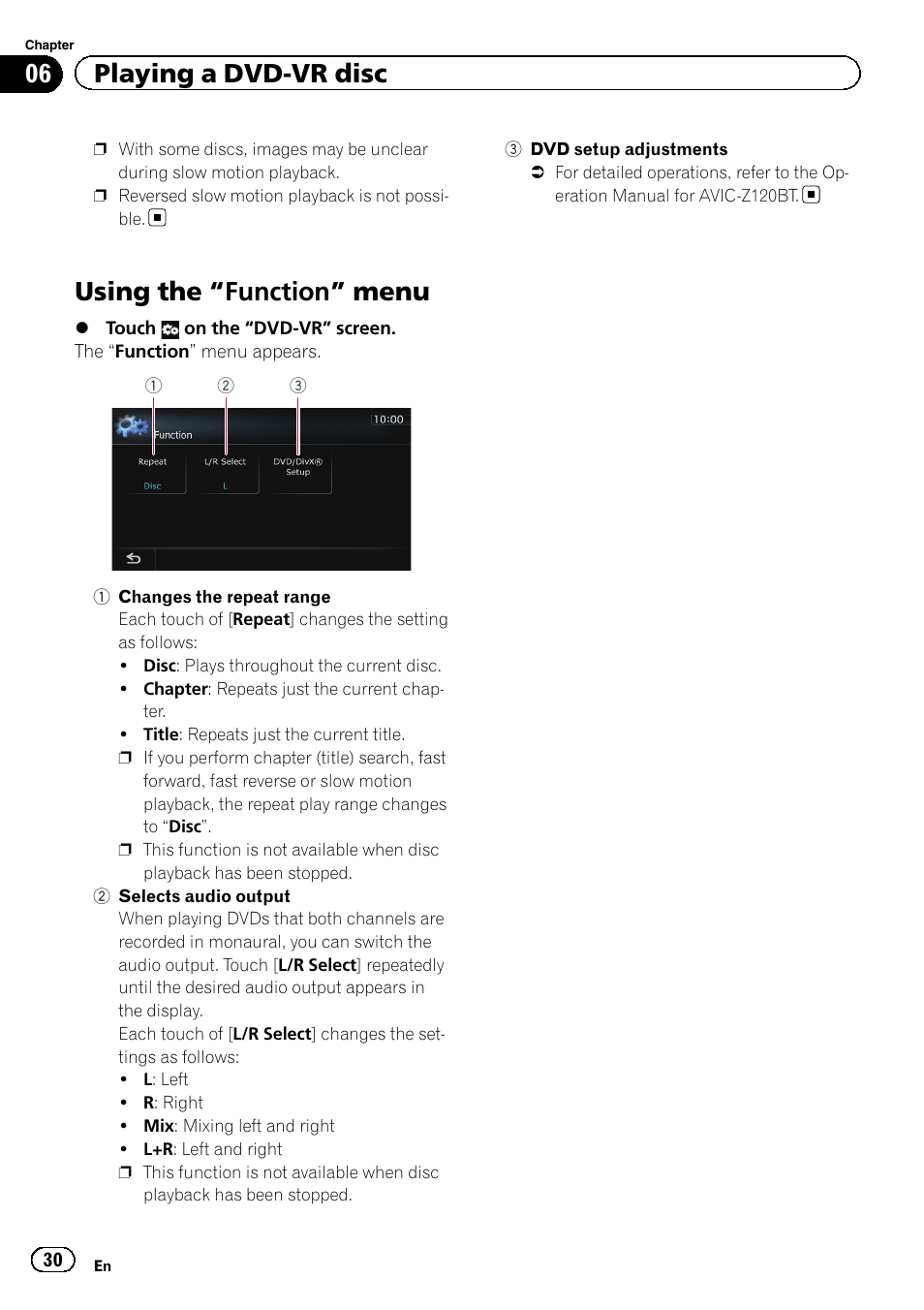 Using the, Function” menu 30, Selects audio out | Using the “function” menu, 06 playing a dvd-vr disc | Pioneer CNSD-110FM User Manual | Page 30 / 32