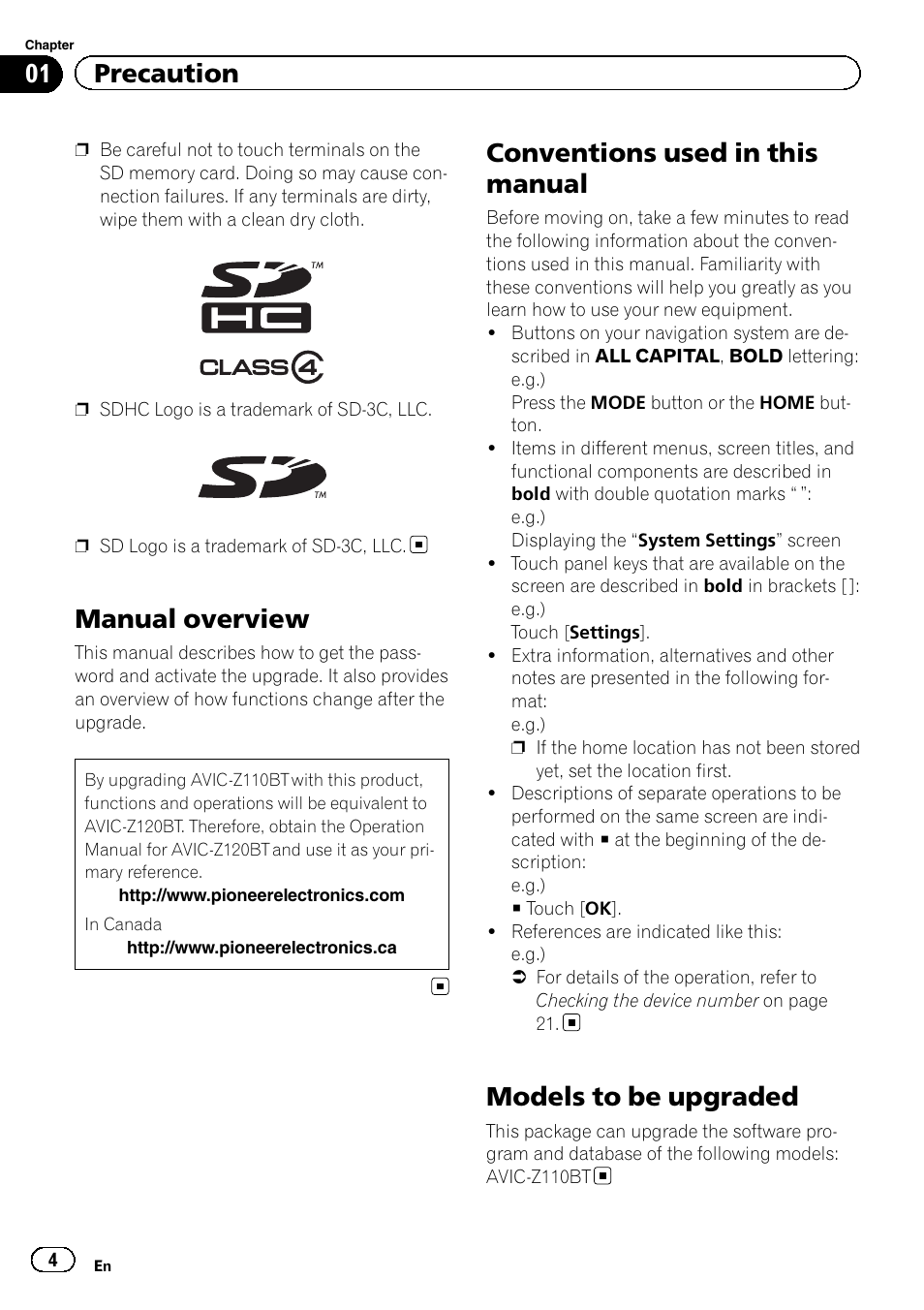 Manual overview, Conventions used in this manual, Models to be upgraded | 01 precaution | Pioneer CNSD-110FM User Manual | Page 4 / 32