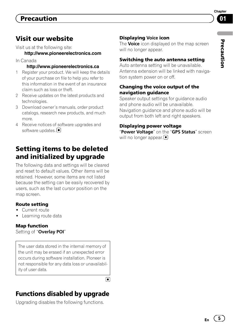 Visit our website, Setting items to be deleted and initialized by, Upgrade | Functions disabled by upgrade, Precaution | Pioneer CNSD-110FM User Manual | Page 5 / 32