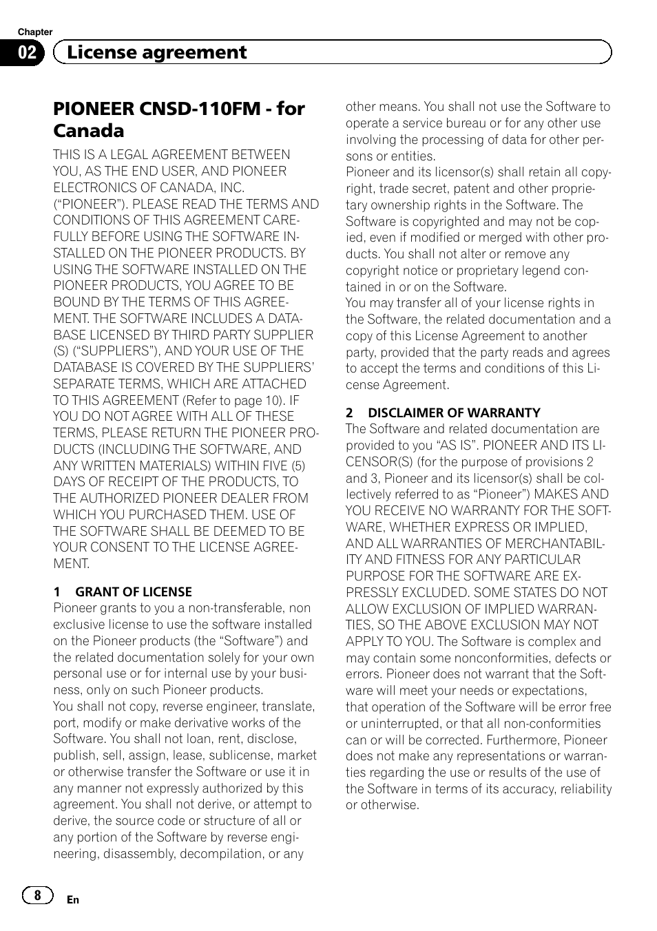Pioneer cnsd-110fm - for canada, 02 license agreement | Pioneer CNSD-110FM User Manual | Page 8 / 32