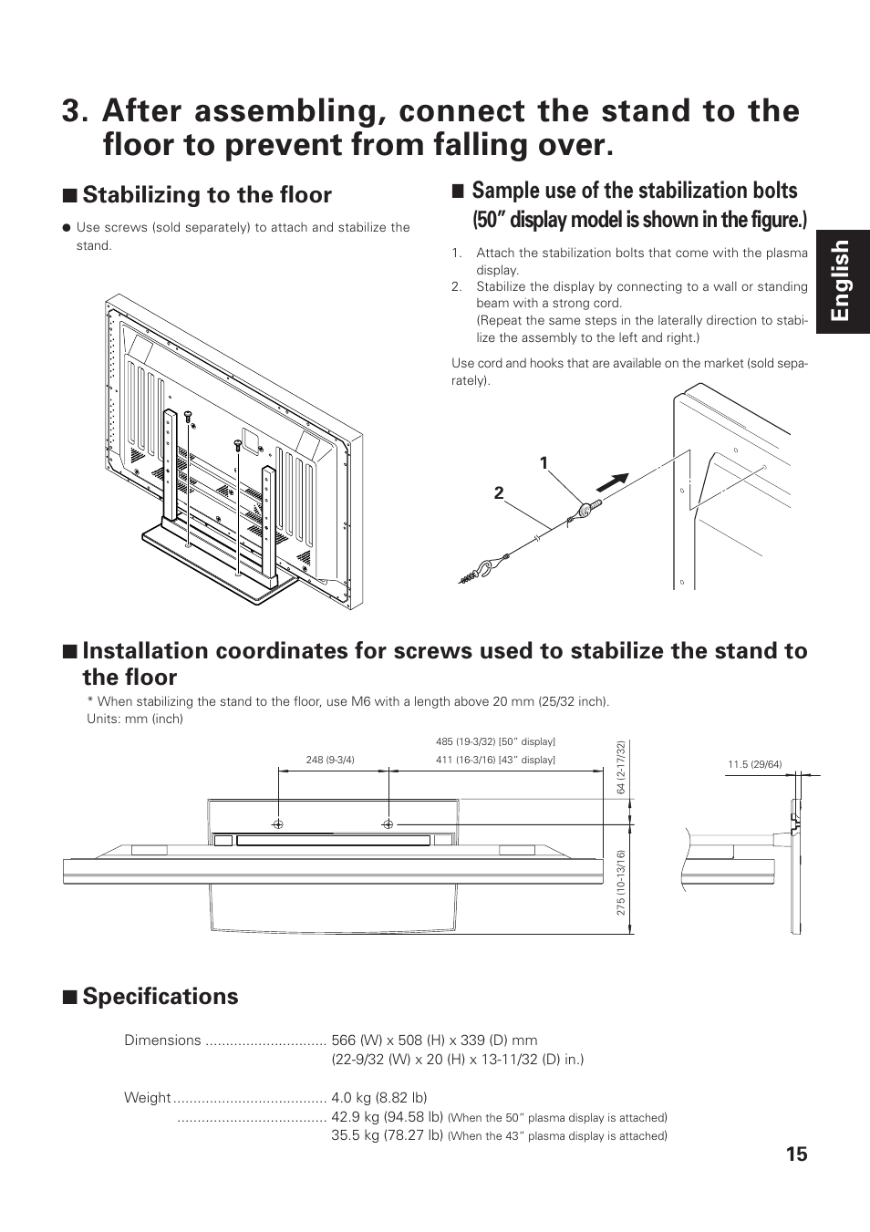 English, 7 stabilizing to the floor, 7 specifications | Pioneer PDK-TS01-L User Manual | Page 15 / 76