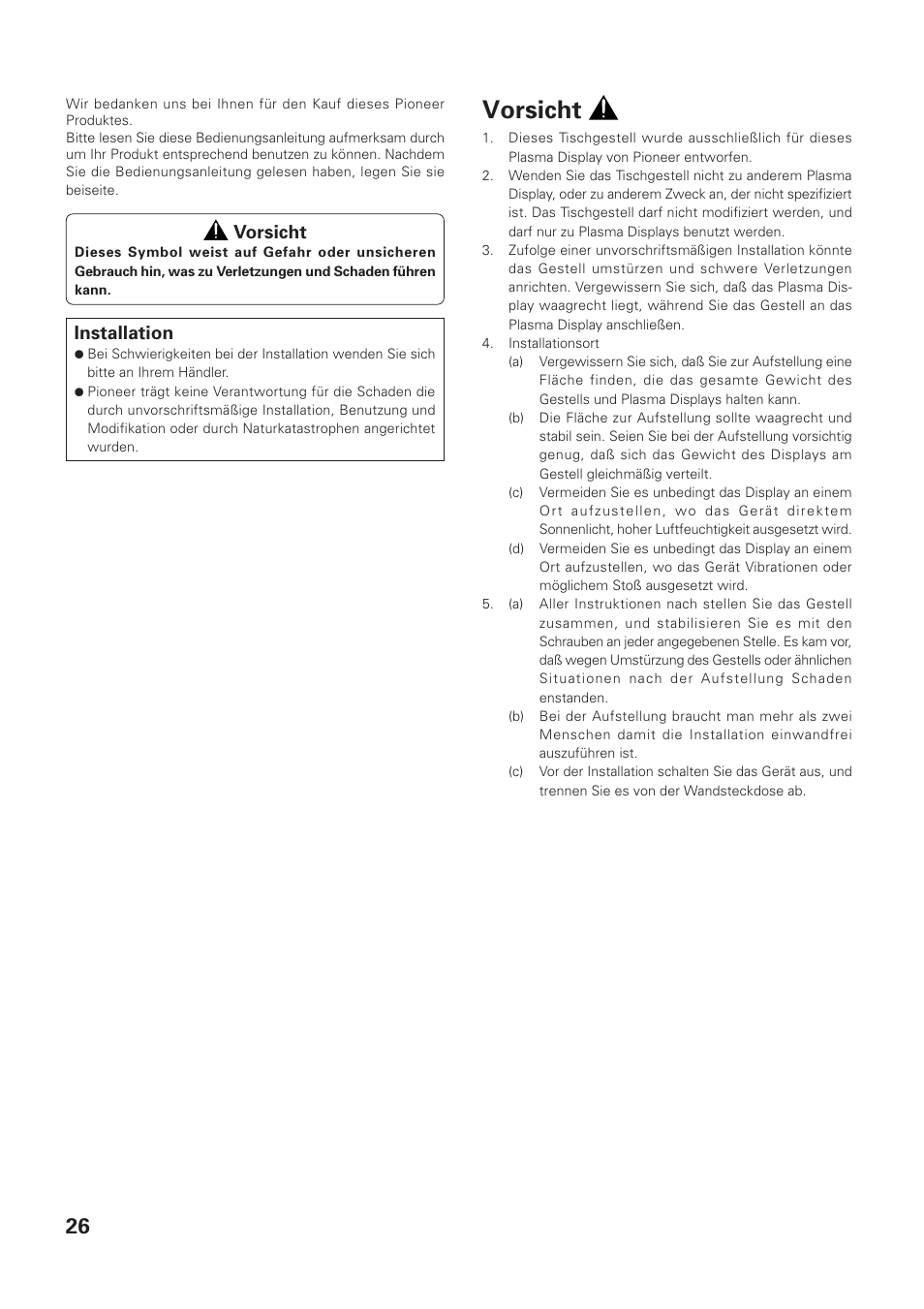 Vorsicht, Installation | Pioneer PDK-TS01-L User Manual | Page 26 / 76