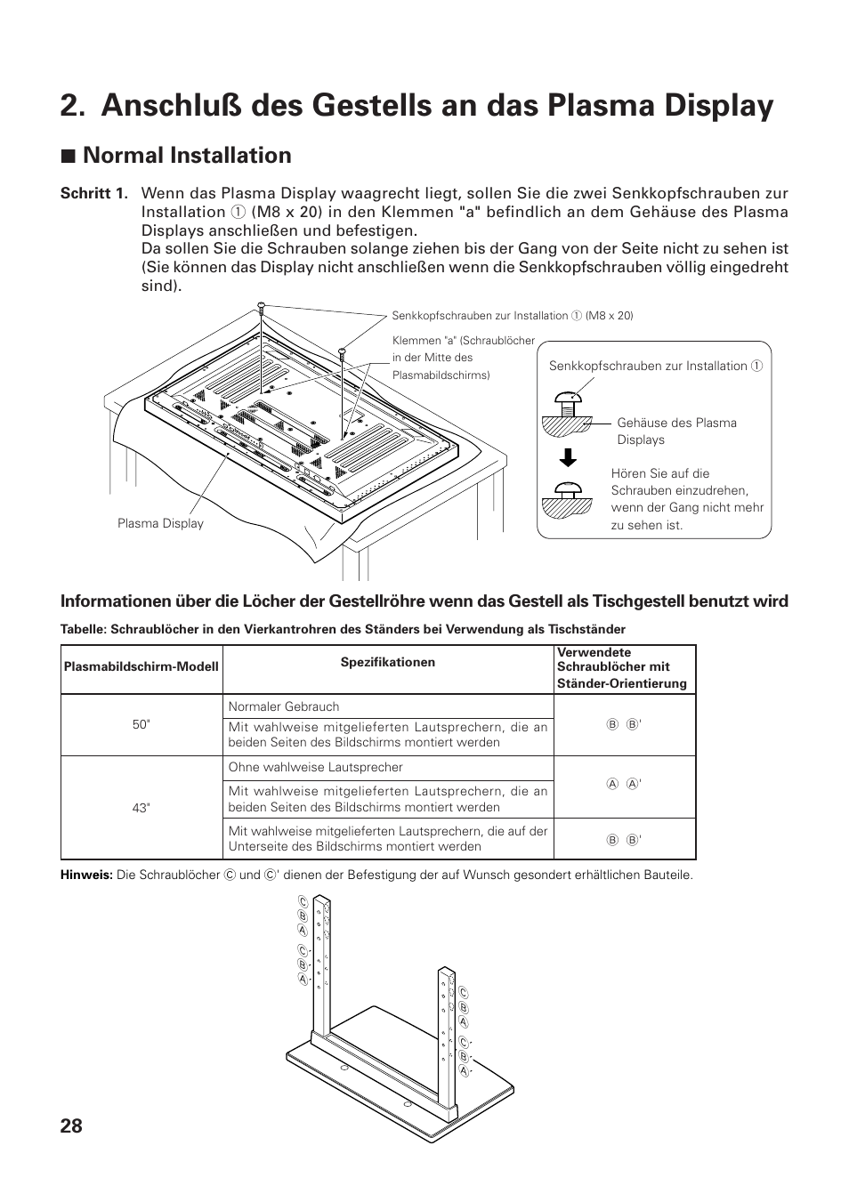 Anschluß des gestells an das plasma display, 7 normal installation | Pioneer PDK-TS01-L User Manual | Page 28 / 76