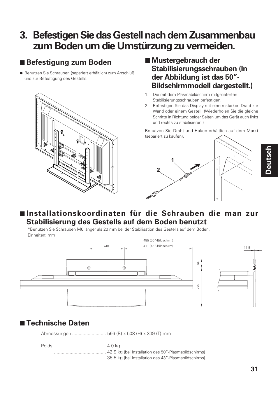 Deutsch, 7 befestigung zum boden, 7 technische daten | Pioneer PDK-TS01-L User Manual | Page 31 / 76