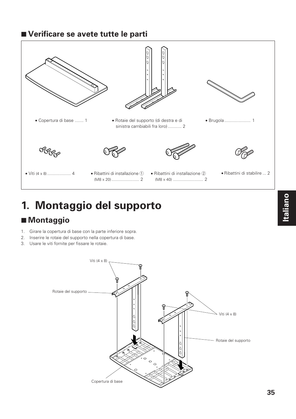 Montaggio del supporto, Italiano 7 verificare se avete tutte le parti, 7 montaggio | Pioneer PDK-TS01-L User Manual | Page 35 / 76