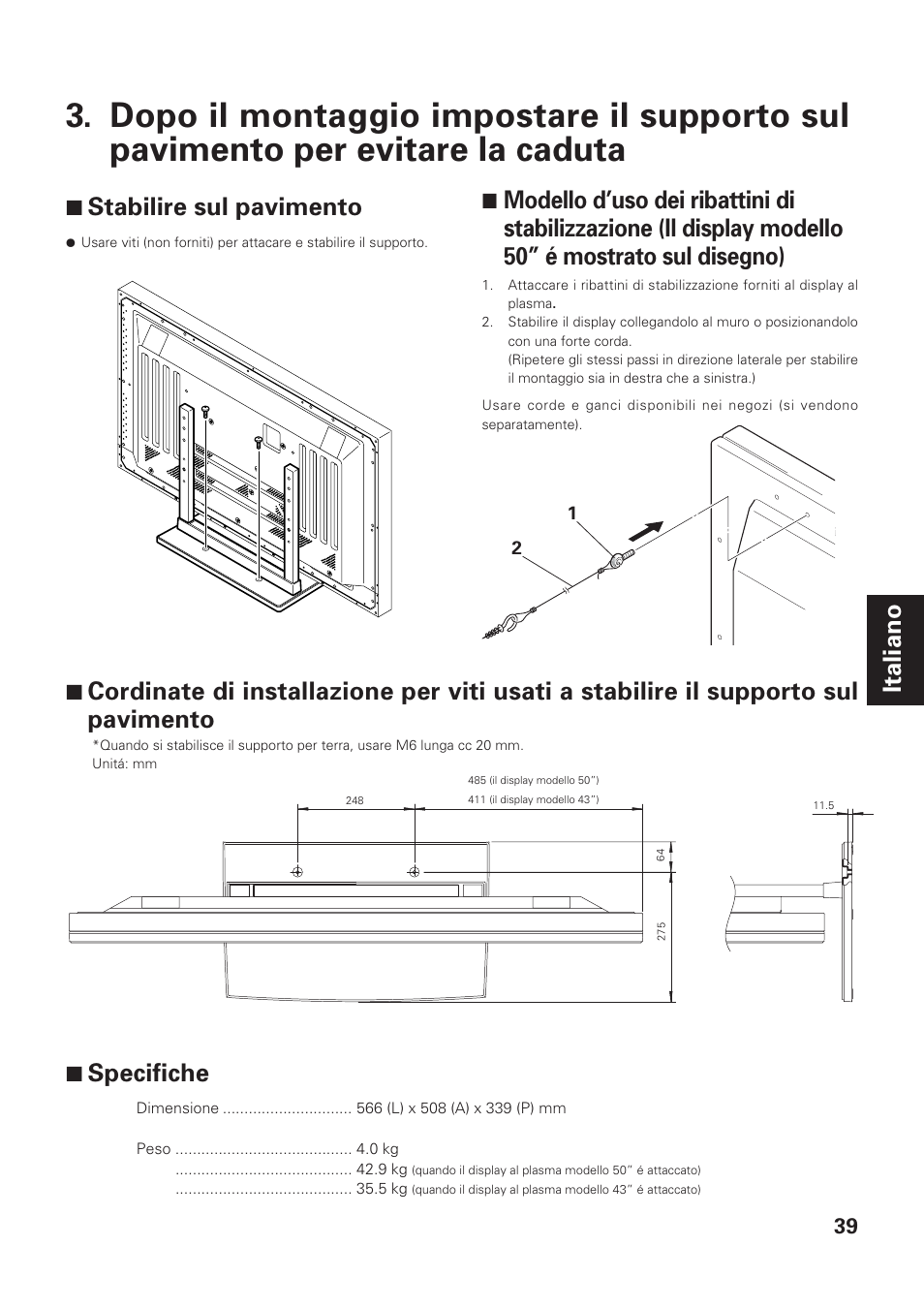 Italiano, 7 stabilire sul pavimento, 7 specifiche | Pioneer PDK-TS01-L User Manual | Page 39 / 76