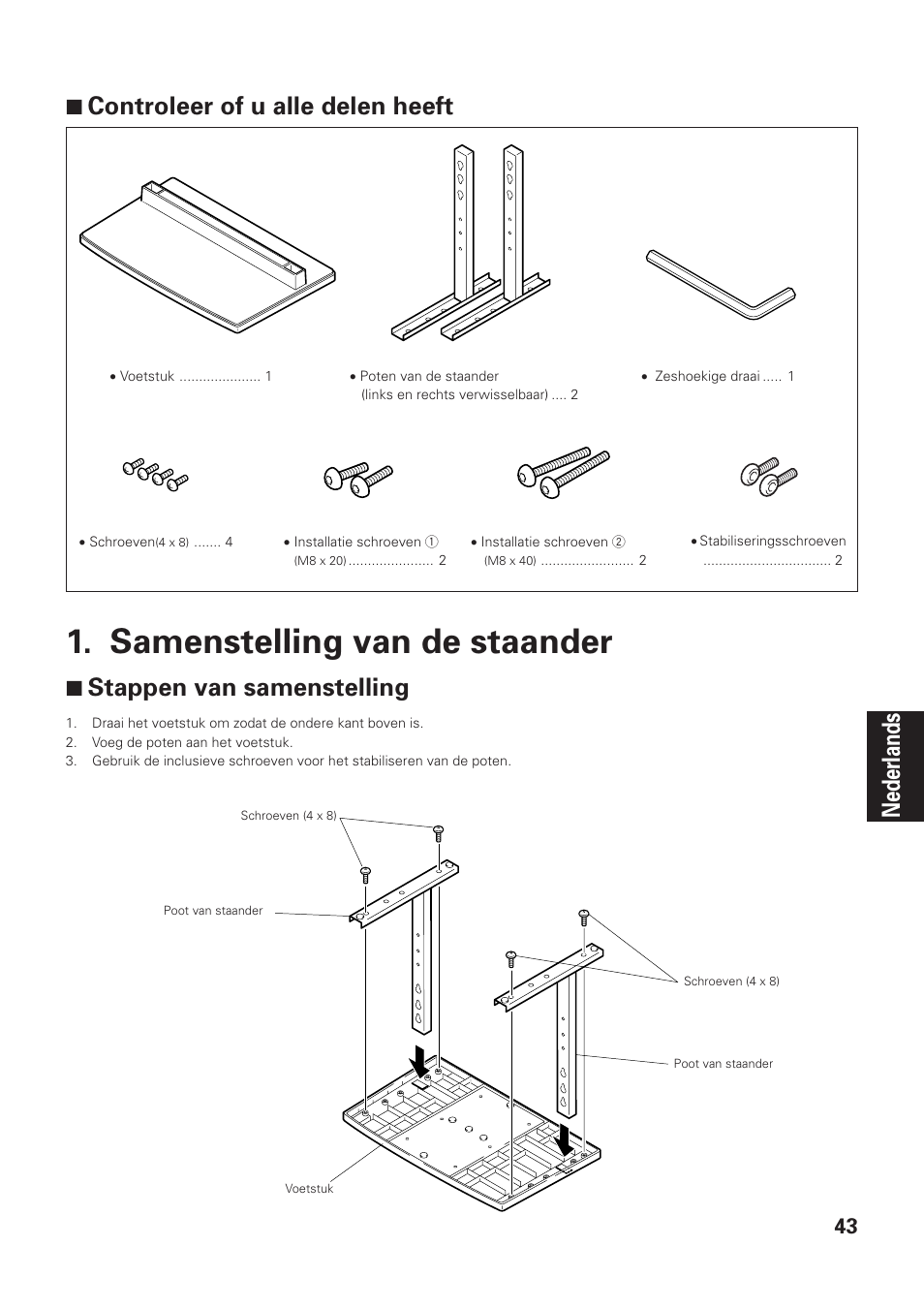 Samenstelling van de staander, Nederlands 7 controleer of u alle delen heeft, 7 stappen van samenstelling | Pioneer PDK-TS01-L User Manual | Page 43 / 76