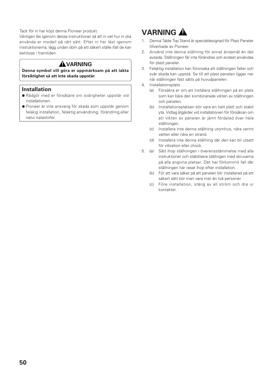 Varning, Installation | Pioneer PDK-TS01-L User Manual | Page 50 / 76