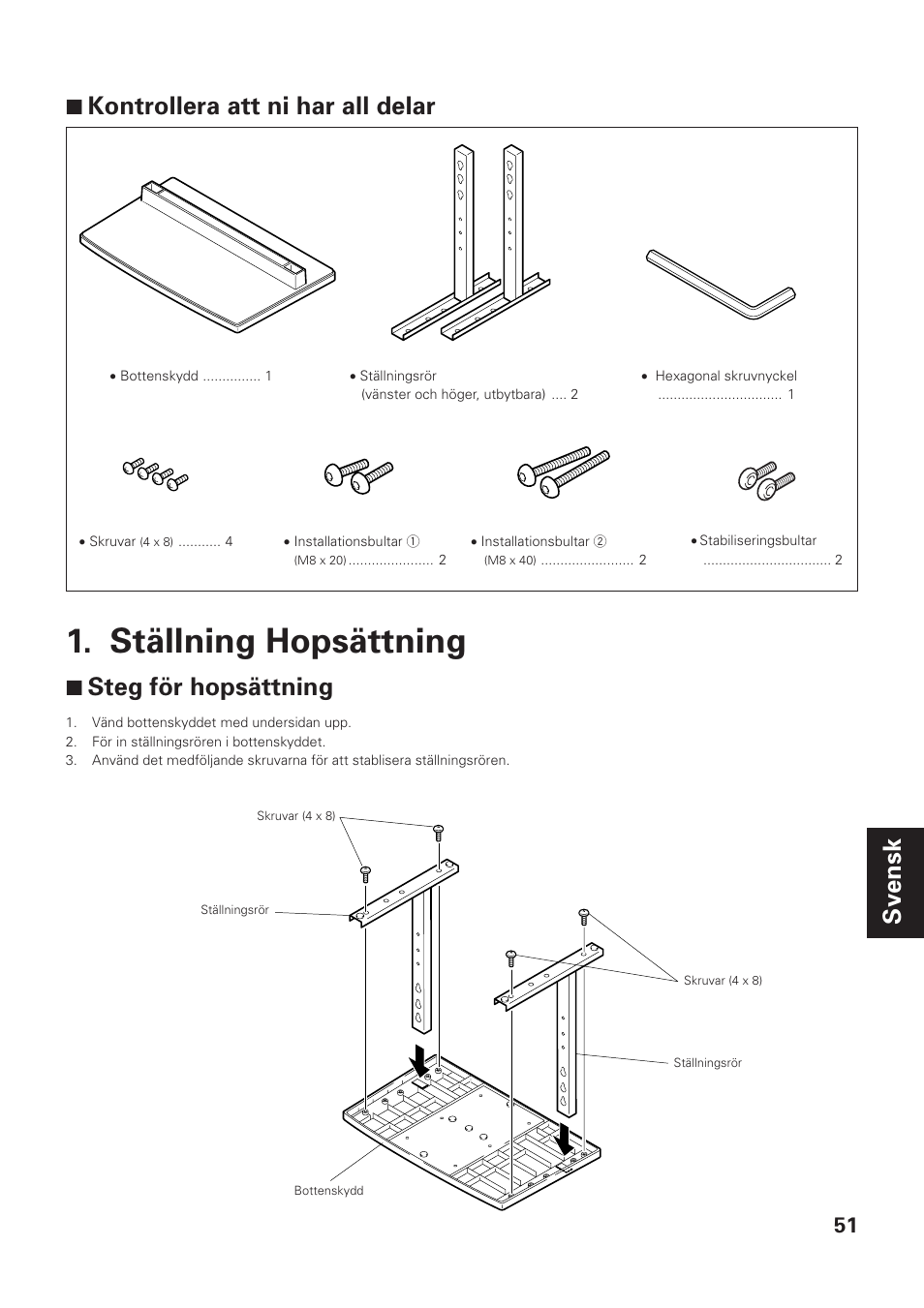 Ställning hopsättning, Svensk 7 kontrollera att ni har all delar, 7 steg för hopsättning | Pioneer PDK-TS01-L User Manual | Page 51 / 76