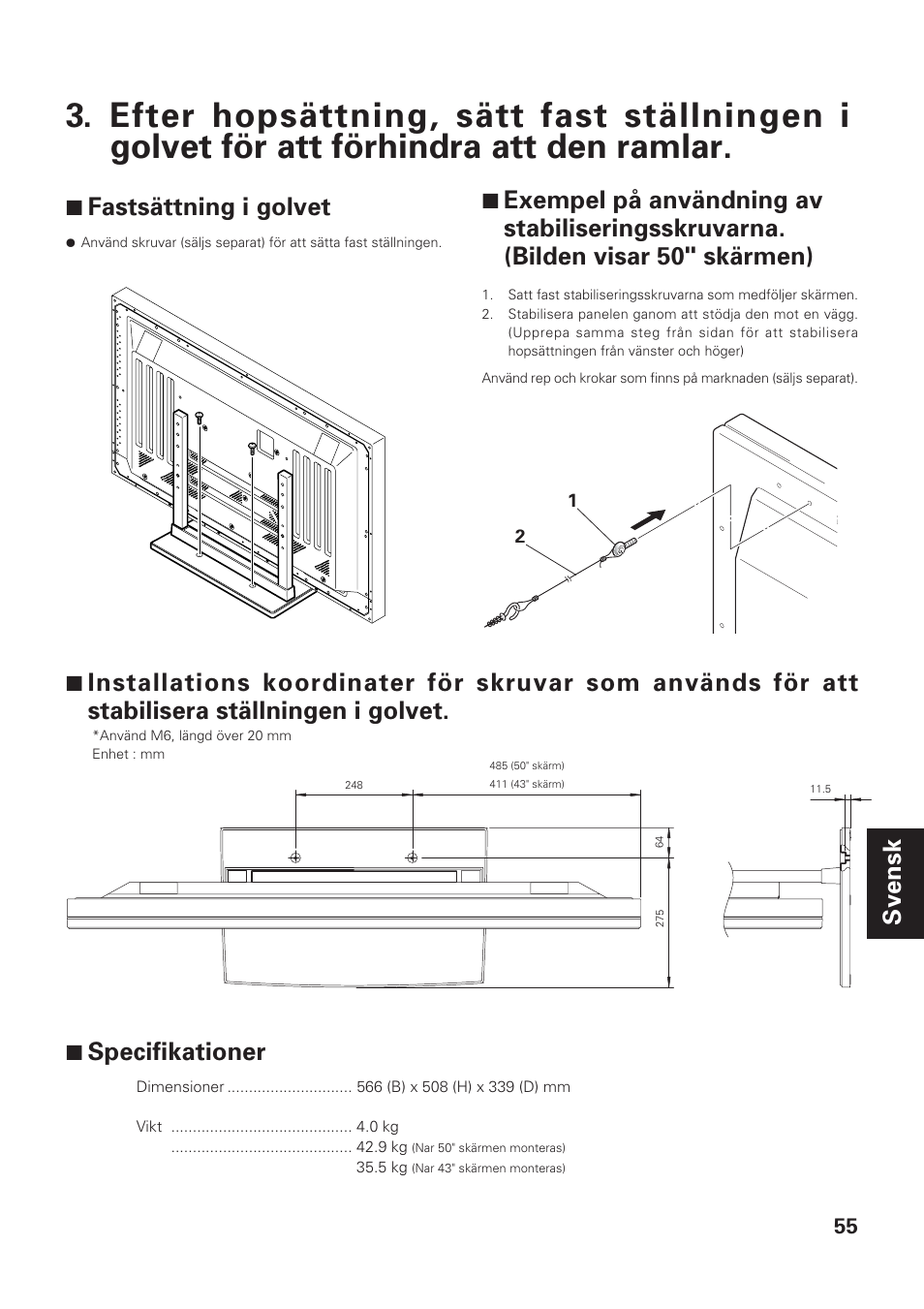 Svensk, 7 fastsättning i golvet, 7 specifikationer | Pioneer PDK-TS01-L User Manual | Page 55 / 76