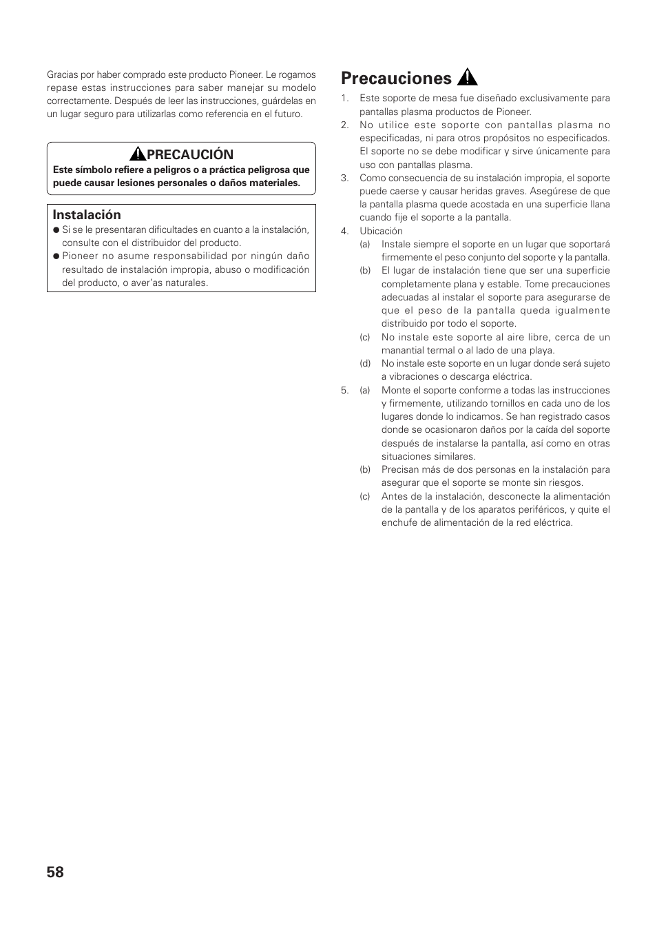 Precauciones, Precaución, Instalación | Pioneer PDK-TS01-L User Manual | Page 58 / 76