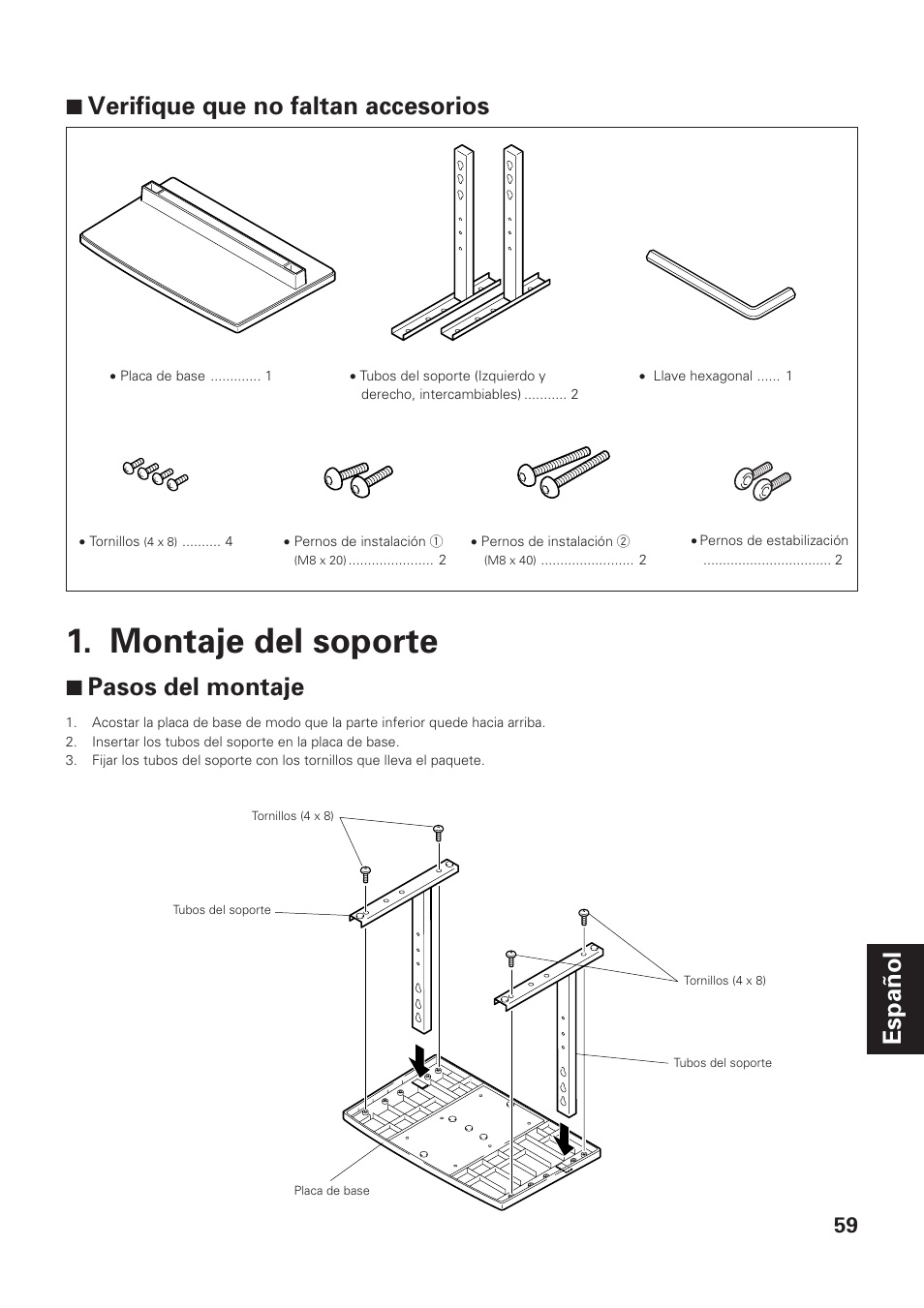 Montaje del soporte, Español 7 verifique que no faltan accesorios, 7 pasos del montaje | Pioneer PDK-TS01-L User Manual | Page 59 / 76