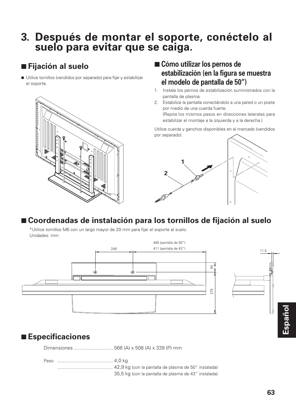 Español, 7 fijación al suelo, 7 especificaciones | Pioneer PDK-TS01-L User Manual | Page 63 / 76