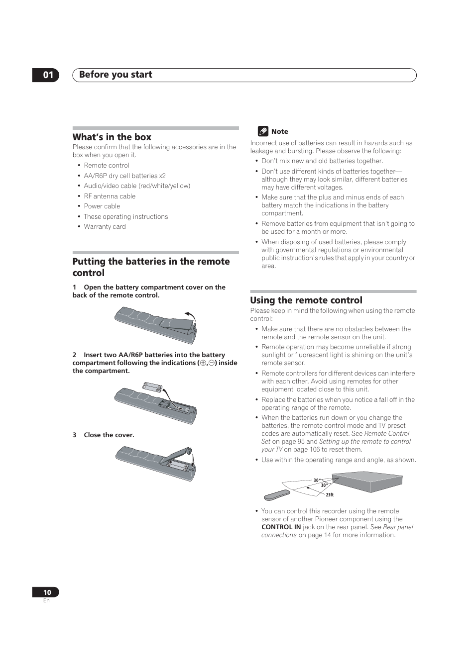 Supplied accessories, Batteries for remote, Before you start 01 | What’s in the box, Putting the batteries in the remote control, Using the remote control | Pioneer DVR-520H User Manual | Page 10 / 126