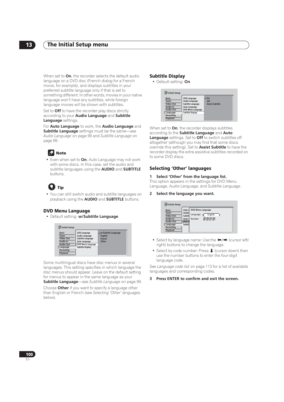 Dvd menu language, Subtitle display, Selecting ‘other’ languages | The initial setup menu 13 | Pioneer DVR-520H User Manual | Page 100 / 126