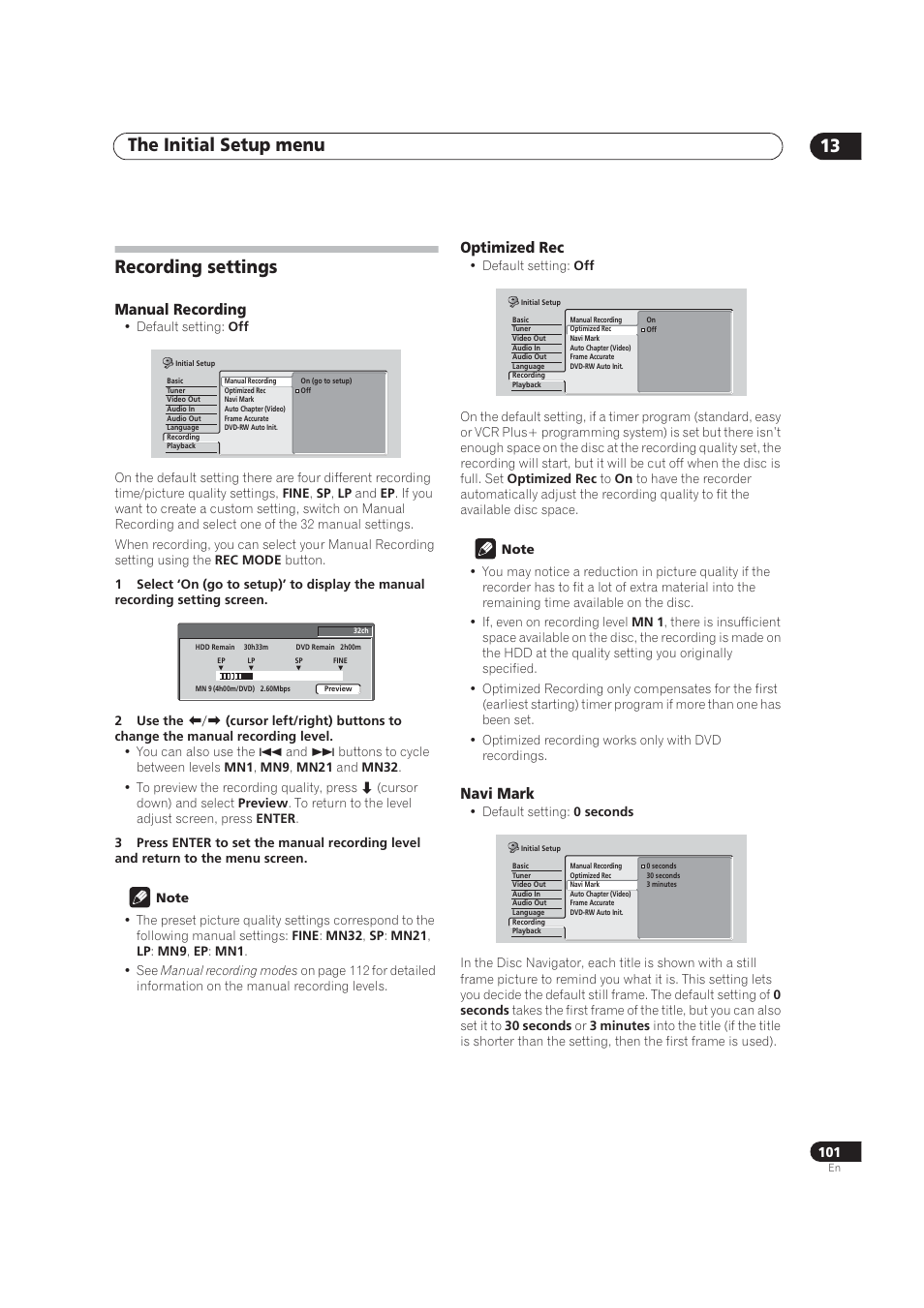 Recording settings, Manual recording, Optimized rec | Navi mark, The initial setup menu 13 | Pioneer DVR-520H User Manual | Page 101 / 126
