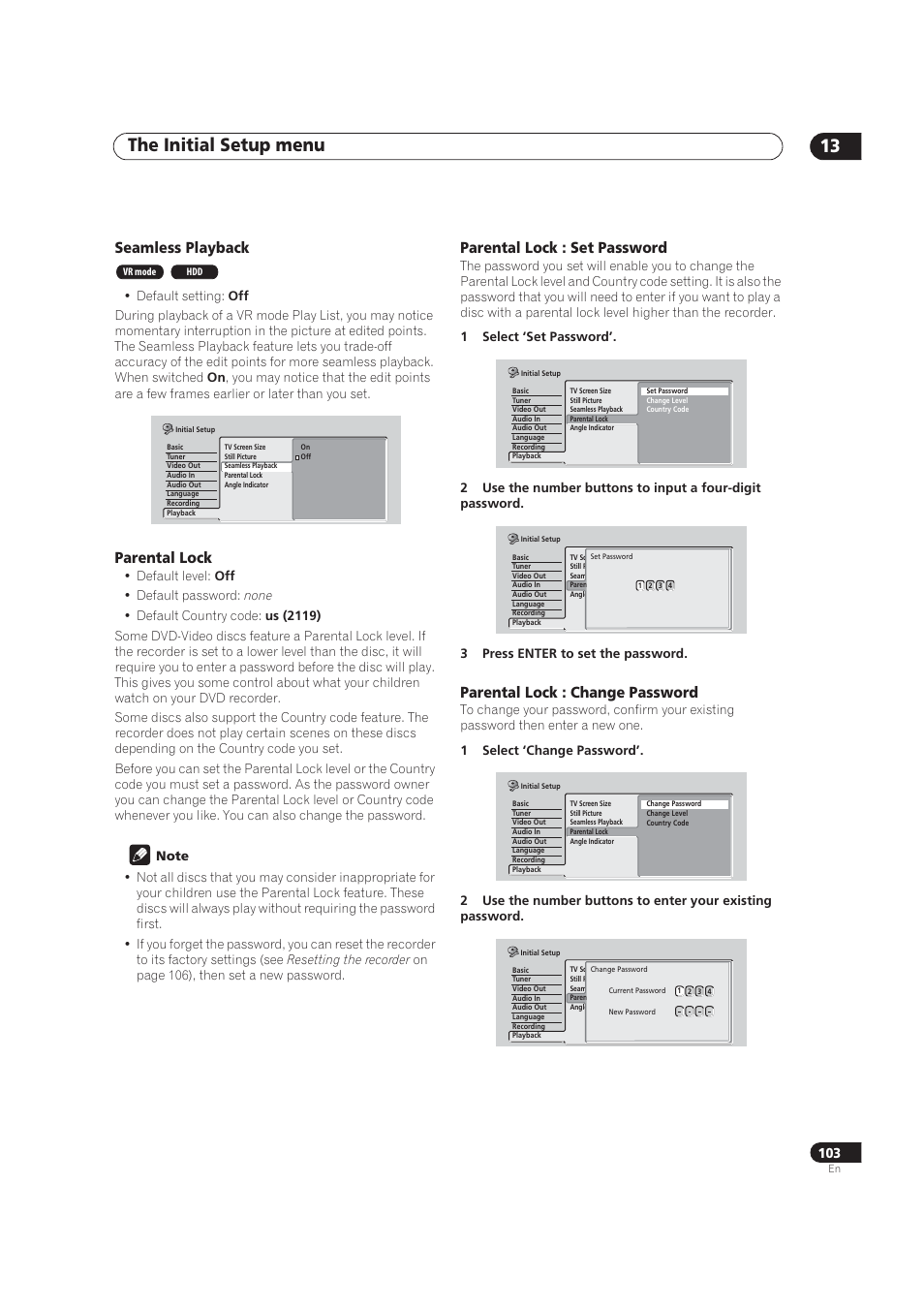 Seamless playback, Parental lock, The initial setup menu 13 | Parental lock : set password, Parental lock : change password | Pioneer DVR-520H User Manual | Page 103 / 126