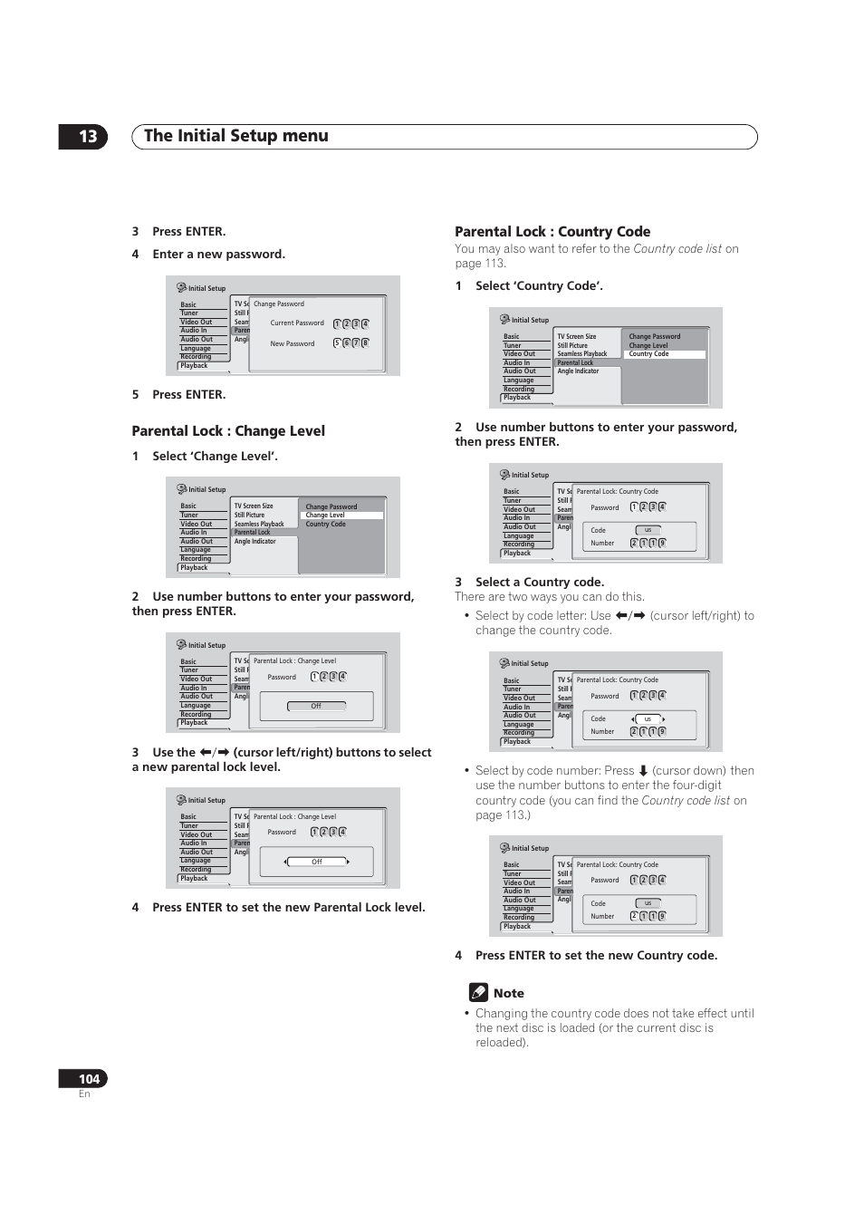 The initial setup menu 13, Parental lock : change level, Parental lock : country code | Pioneer DVR-520H User Manual | Page 104 / 126