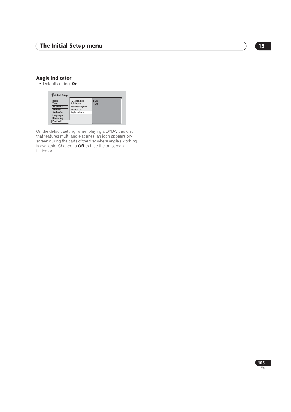 Camera angle indicator, The initial setup menu 13 | Pioneer DVR-520H User Manual | Page 105 / 126