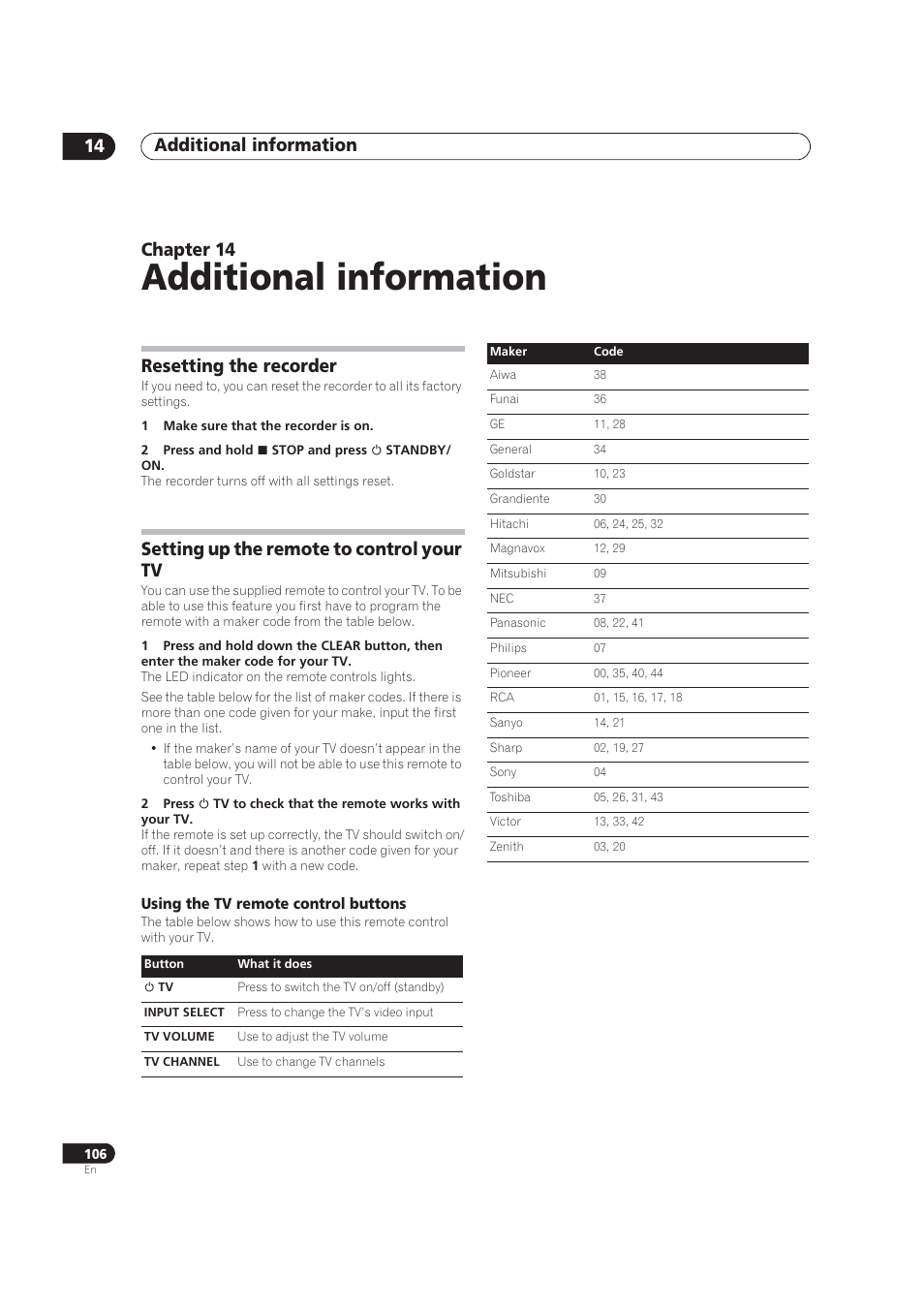 Reset, Programming the remote to control a tv, Additional information | Additional information 14, Chapter 14, Resetting the recorder, Setting up the remote to control your tv | Pioneer DVR-520H User Manual | Page 106 / 126