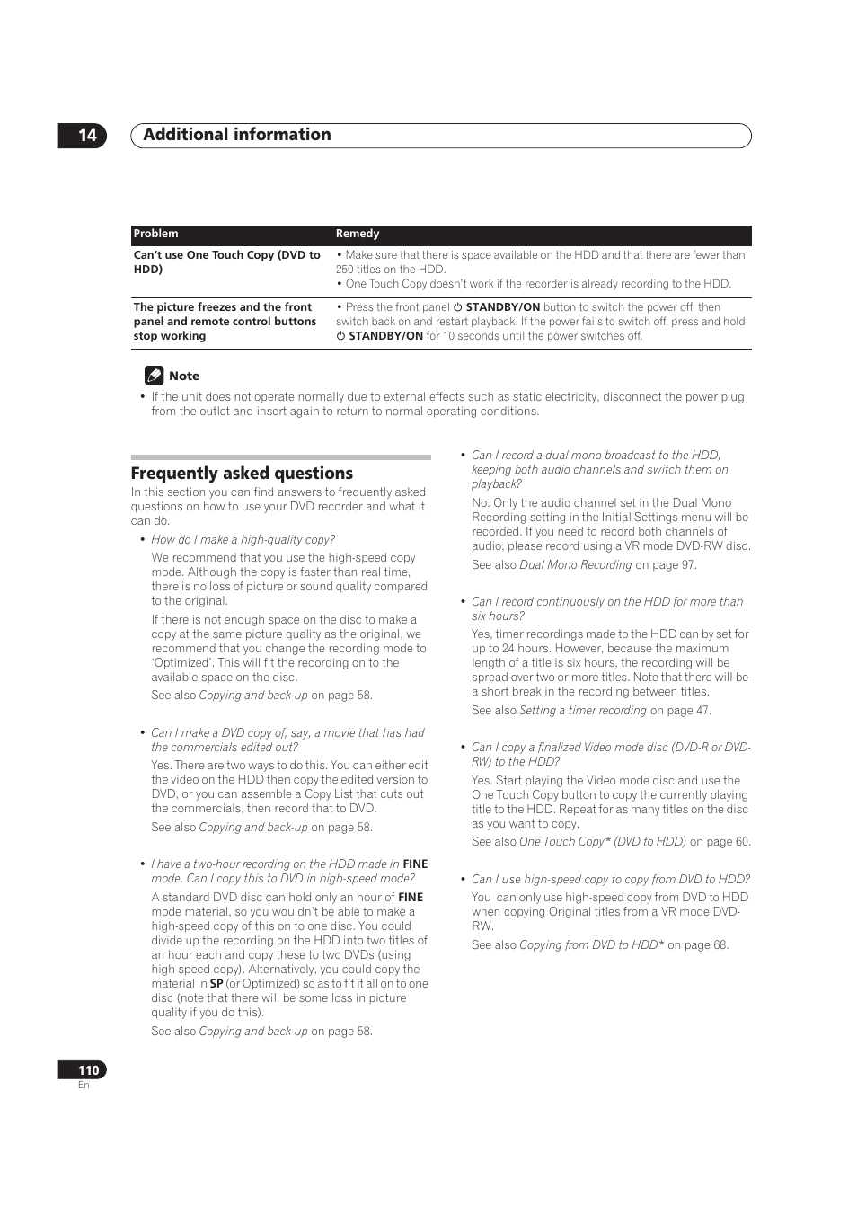 Frequently asked questions, Additional information 14 | Pioneer DVR-520H User Manual | Page 110 / 126