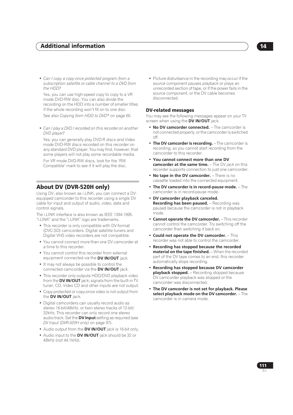 About dv, Additional information 14, About dv (dvr-520h only) | Pioneer DVR-520H User Manual | Page 111 / 126