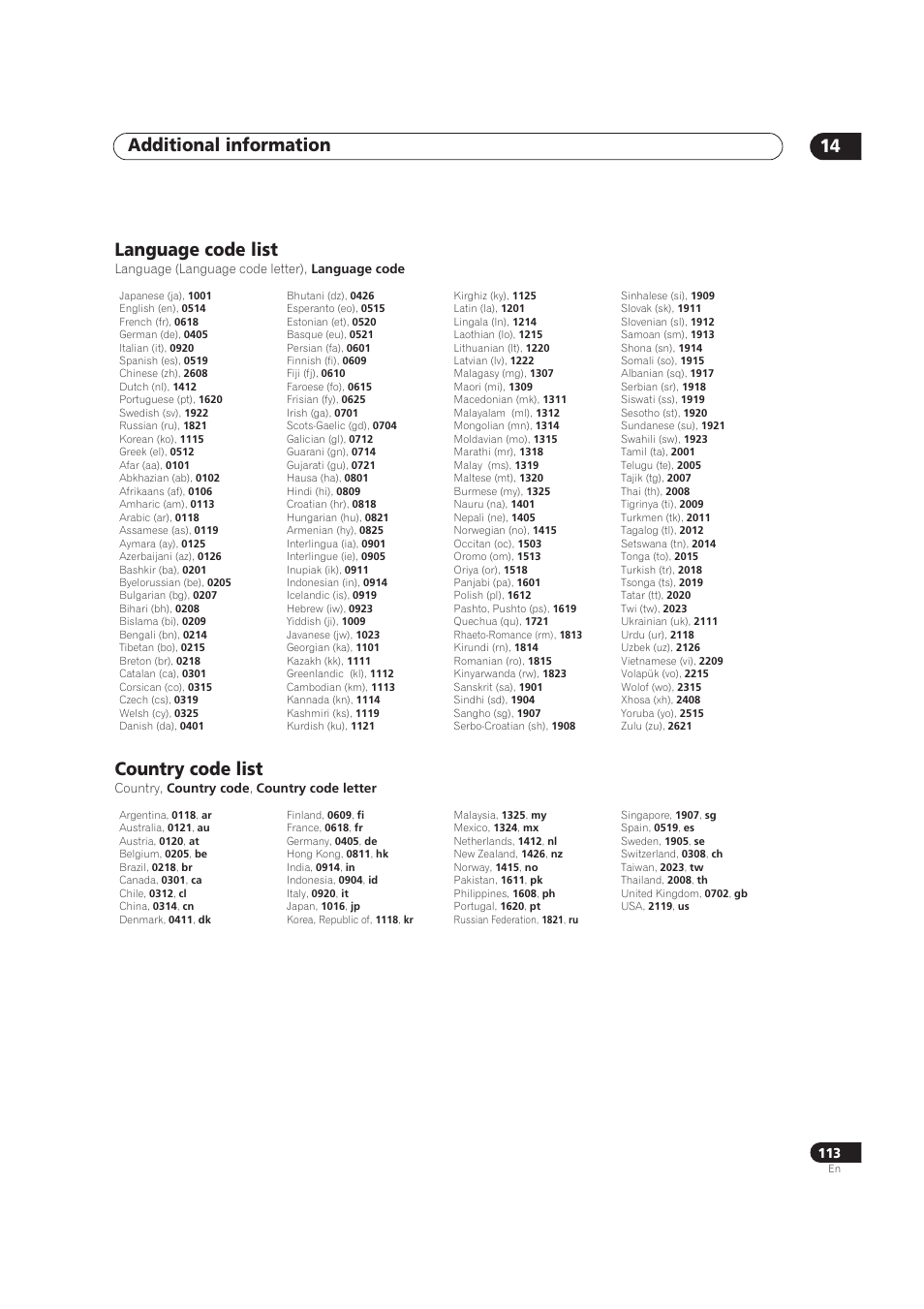 Language code list, Country code list, Additional information 14 | Pioneer DVR-520H User Manual | Page 113 / 126