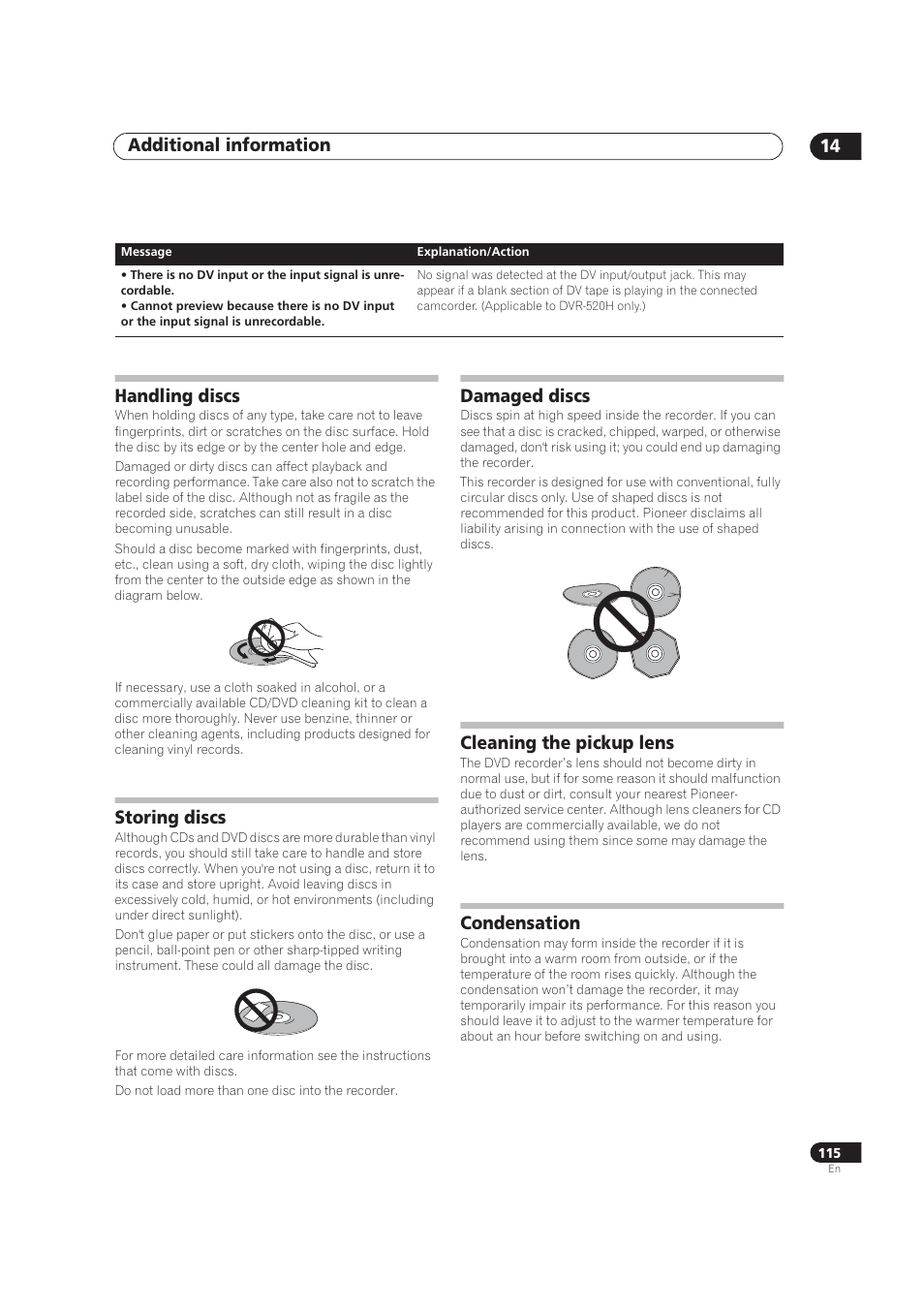 Additional information 14, Handling discs, Storing discs | Damaged discs, Cleaning the pickup lens, Condensation | Pioneer DVR-520H User Manual | Page 115 / 126