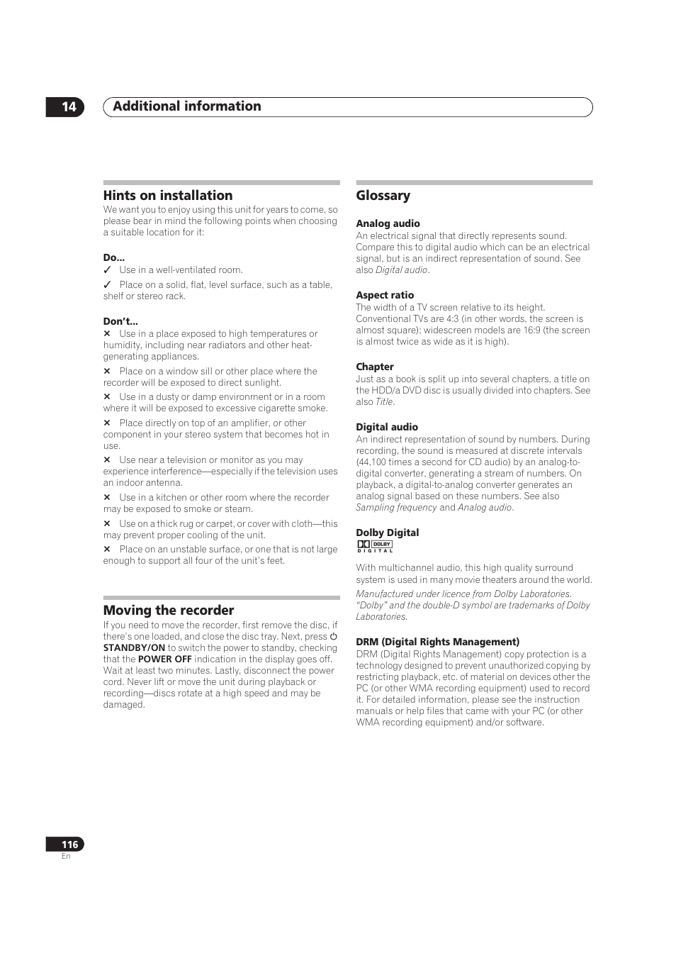 Glossary, Additional information 14, Hints on installation | Moving the recorder | Pioneer DVR-520H User Manual | Page 116 / 126