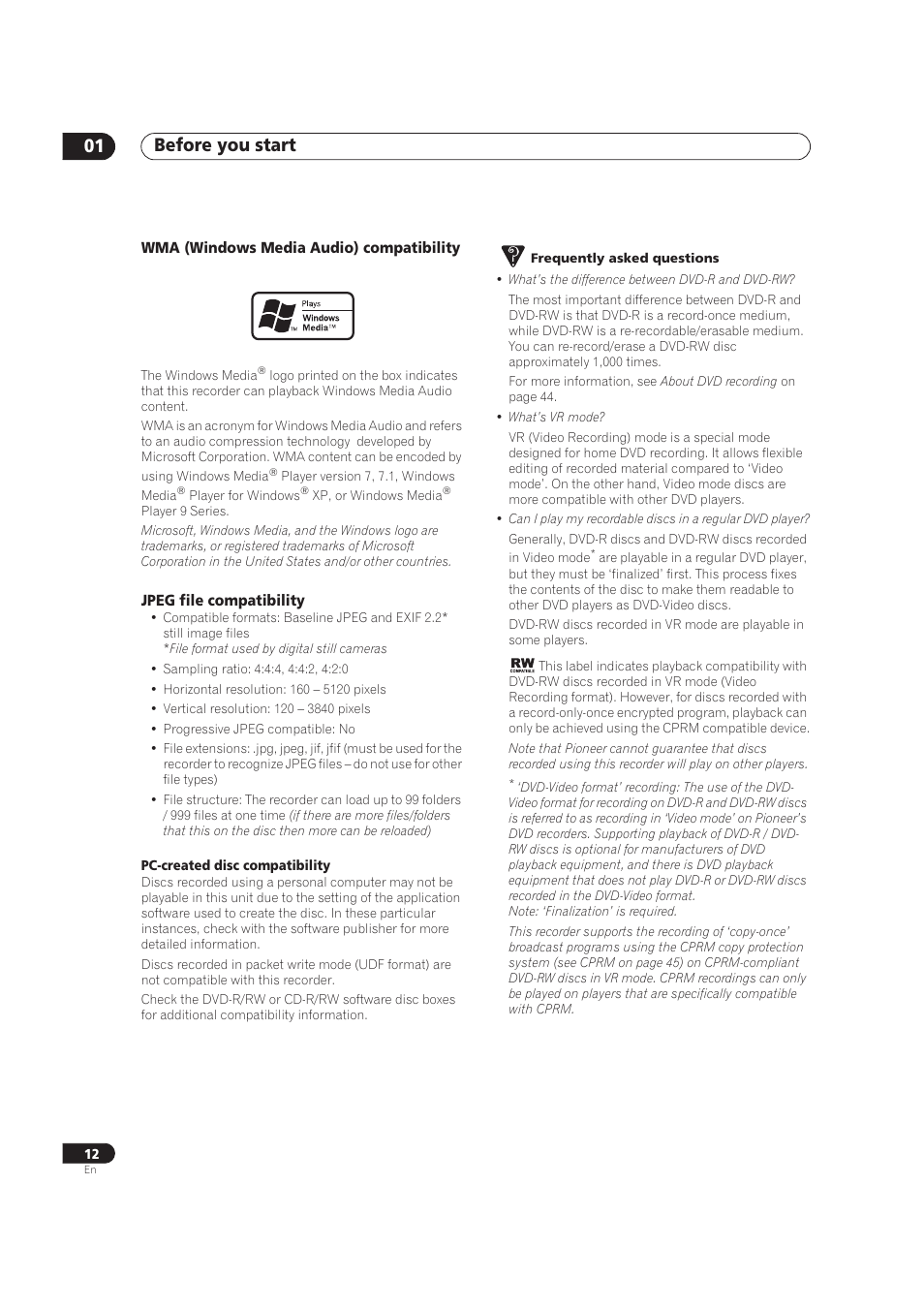 Before you start 01 | Pioneer DVR-520H User Manual | Page 12 / 126