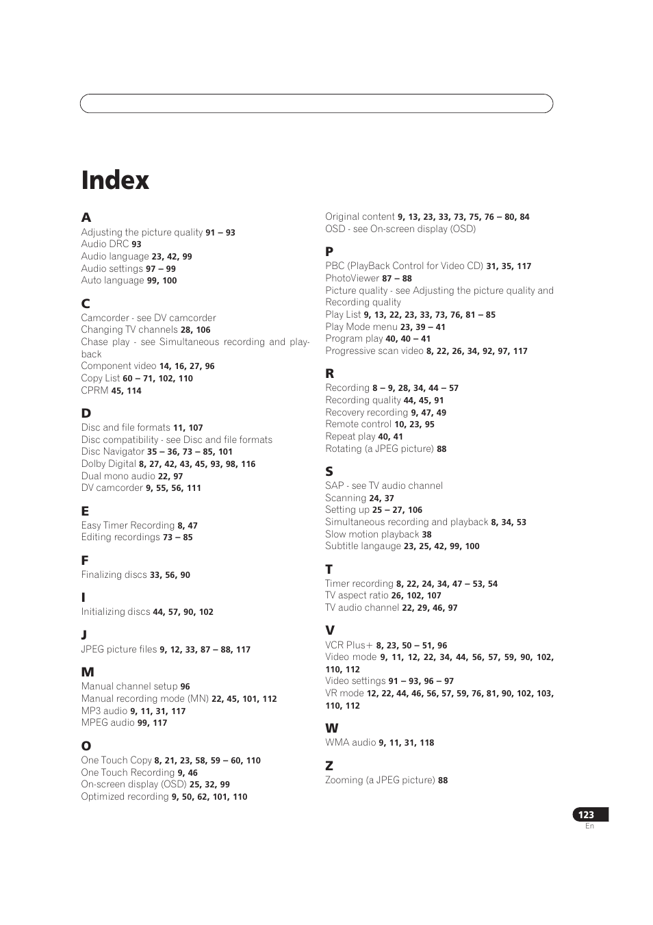 Index | Pioneer DVR-520H User Manual | Page 120 / 126
