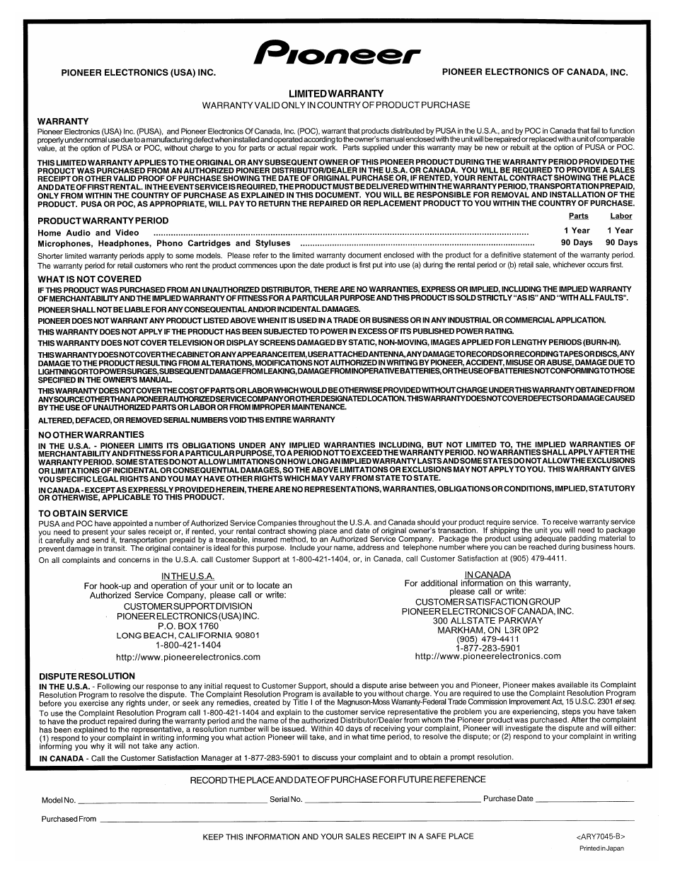 Warranty | Pioneer DVR-520H User Manual | Page 126 / 126