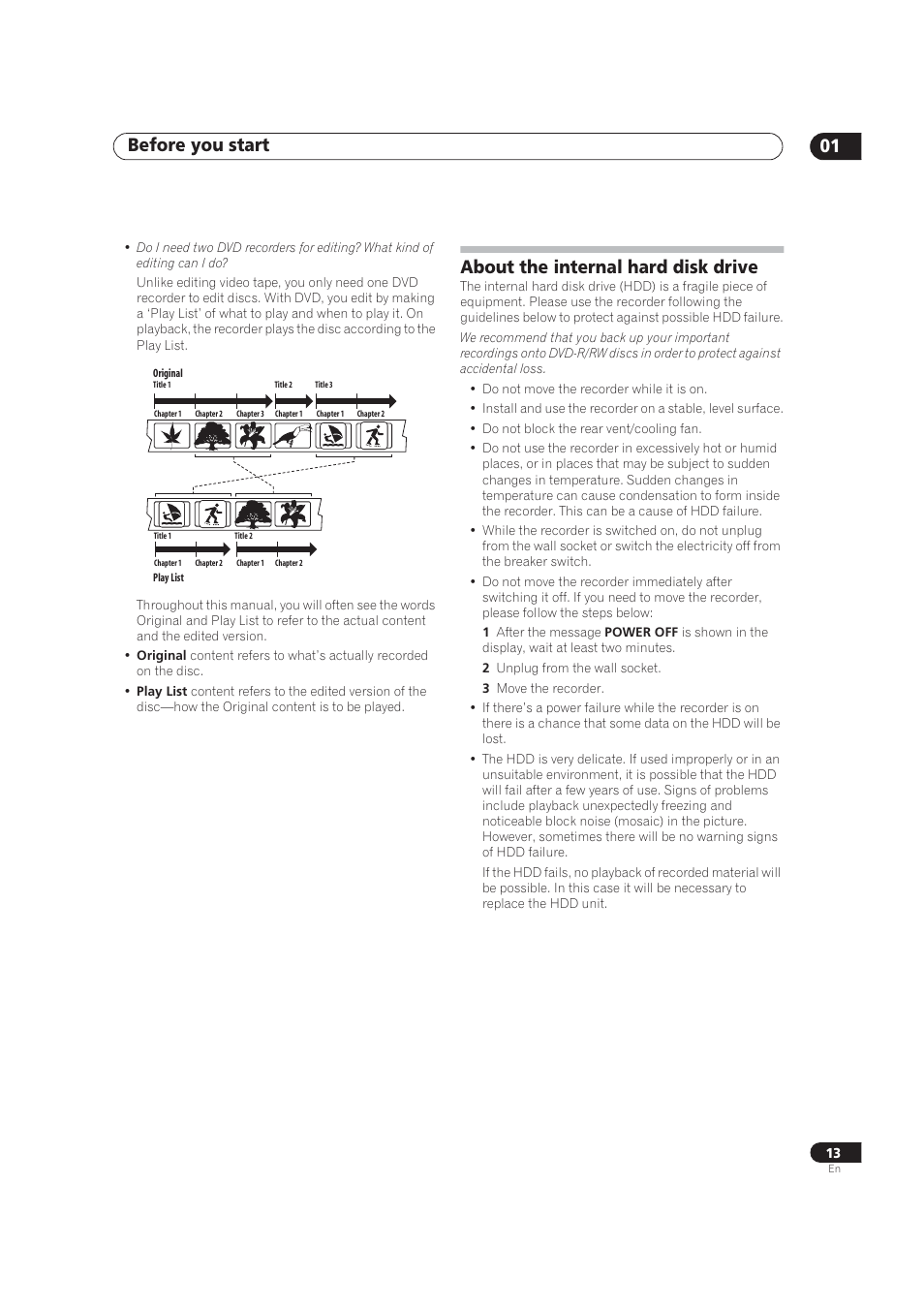 Internal hard drive info, Before you start 01, About the internal hard disk drive | Pioneer DVR-520H User Manual | Page 13 / 126