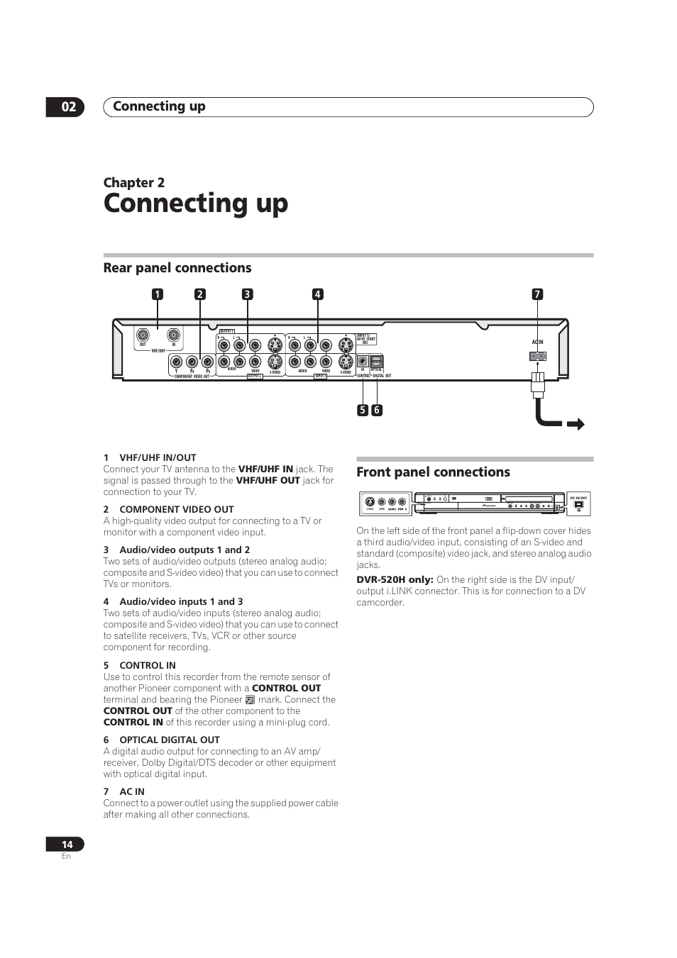 Connections, Rear panel, Front panel | Connecting up, Connecting up 02, Chapter 2, Rear panel connections, Front panel connections | Pioneer DVR-520H User Manual | Page 14 / 126