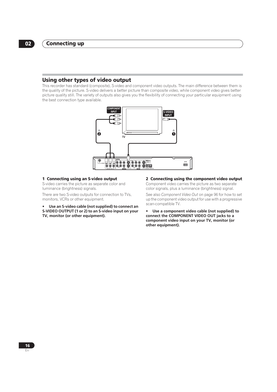 Using s-video / component, Connecting up 02, Using other types of video output | 1 connecting using an s-video output, 2 connecting using the component video output | Pioneer DVR-520H User Manual | Page 16 / 126