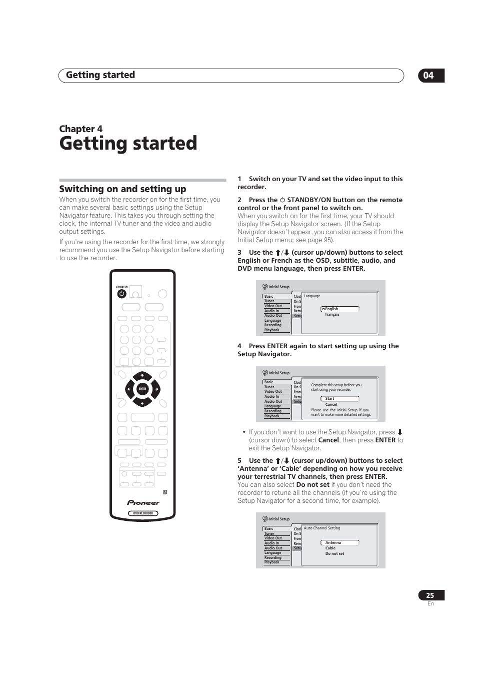 Getting started, Power on & initial setup, Getting started 04 | Chapter 4, Switching on and setting up | Pioneer DVR-520H User Manual | Page 25 / 126