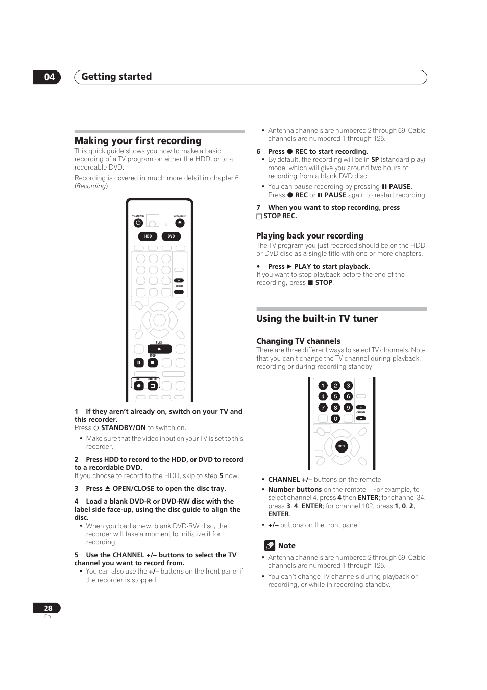 Making your first recording, Using the built-in tv tuner, Getting started 04 | Playing back your recording, Changing tv channels | Pioneer DVR-520H User Manual | Page 28 / 126