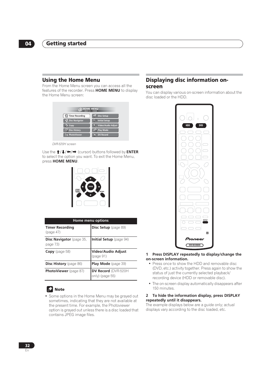 Using the home menu, Displaying disc information on-screen, Getting started 04 | Displaying disc information on- screen | Pioneer DVR-520H User Manual | Page 32 / 126