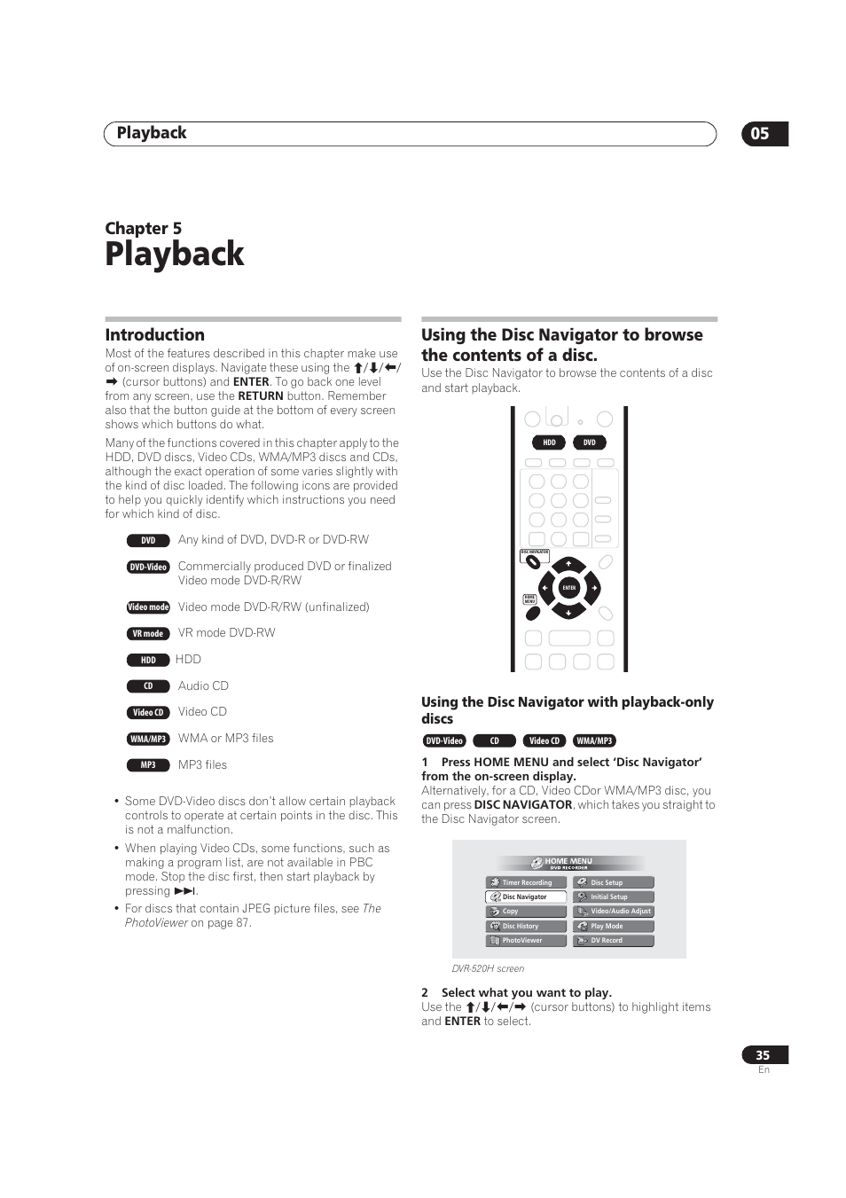 Playback, Introduction, Playback 05 | Chapter 5, Using the disc navigator with playback-only discs | Pioneer DVR-520H User Manual | Page 35 / 126