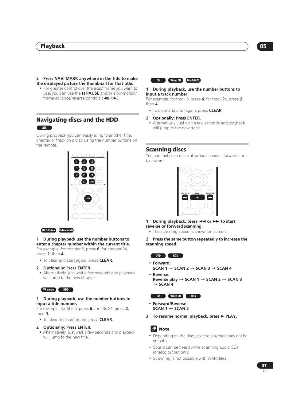 Navigating discs and the hdd, Scanning discs, Playback 05 | Pioneer DVR-520H User Manual | Page 37 / 126