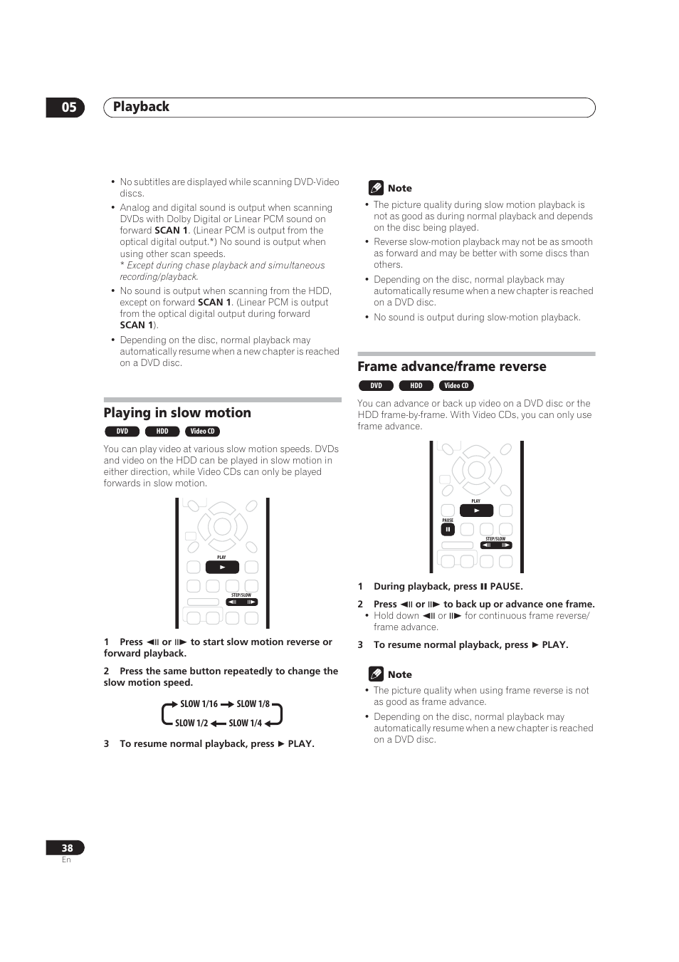 Playing in slow motion, Frame advance / frame reverse, Playback 05 | Frame advance/frame reverse | Pioneer DVR-520H User Manual | Page 38 / 126