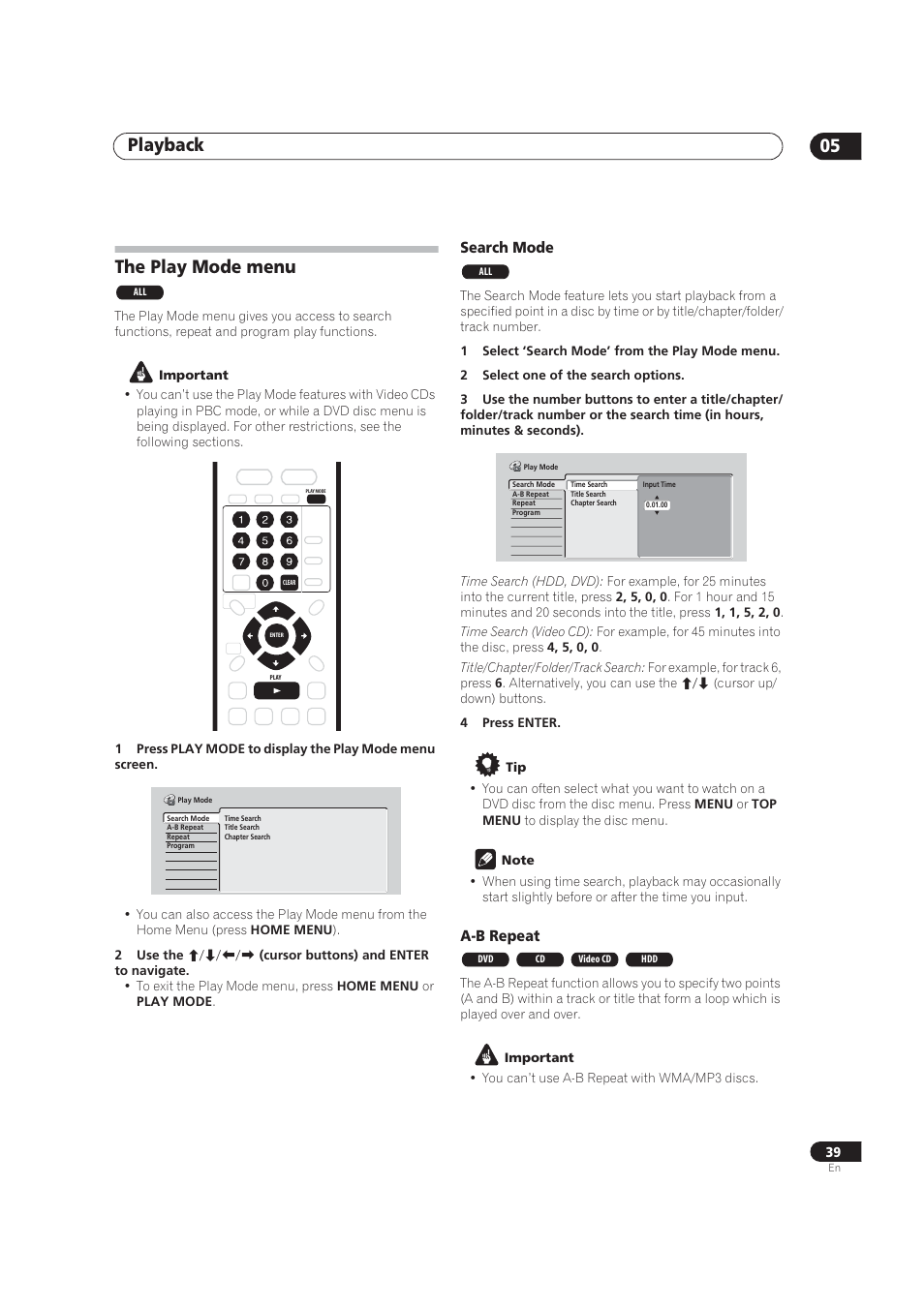 Play mode menu, Playback 05, The play mode menu | Search mode, A-b repeat | Pioneer DVR-520H User Manual | Page 39 / 126