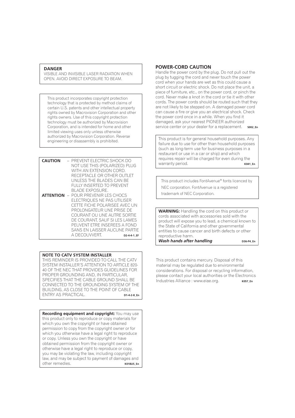 Power-cord caution | Pioneer DVR-520H User Manual | Page 4 / 126